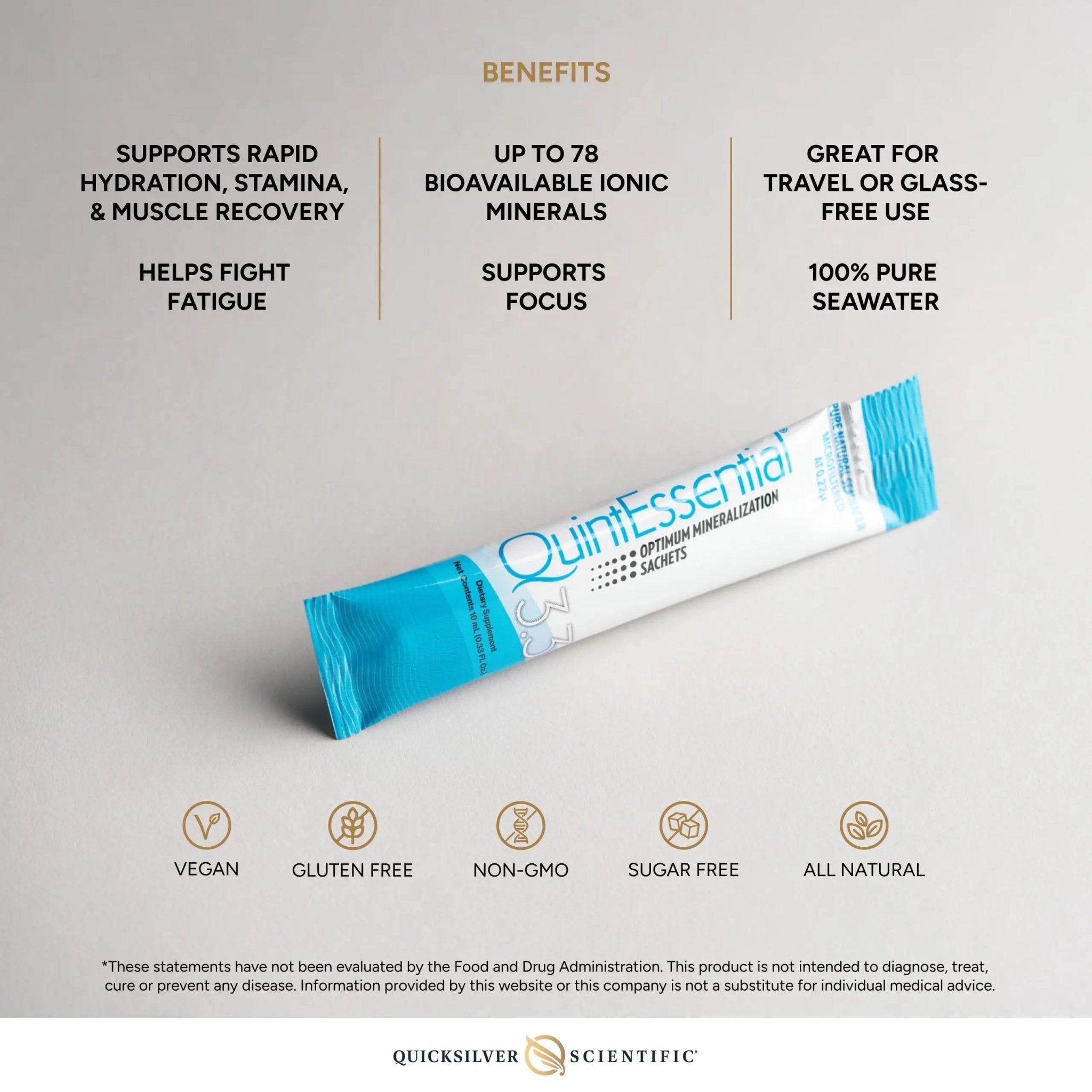 Quicksilver Scientific Quintessential 3.3 Sachets - Hypertonic Solution - Filtered Sea Water Hydration Packets - Liquid Minerals for Muscle Recovery, Stamina + Mineral Replenishment (30 Count) - TrustMedUSA