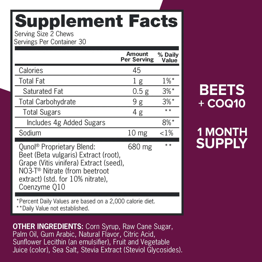 Qunol Beets Chews for Blood Pressure Support, 3 in 1 Beets + CoQ10 + Grape Seed Extract - TrustMedUSA