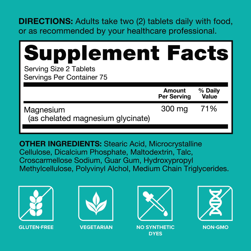 Qunol Magnesium Glycinate 300mg, 100% Glycinate Chelated Magnesium Supplement, 150ct Tablets - TrustMedUSA