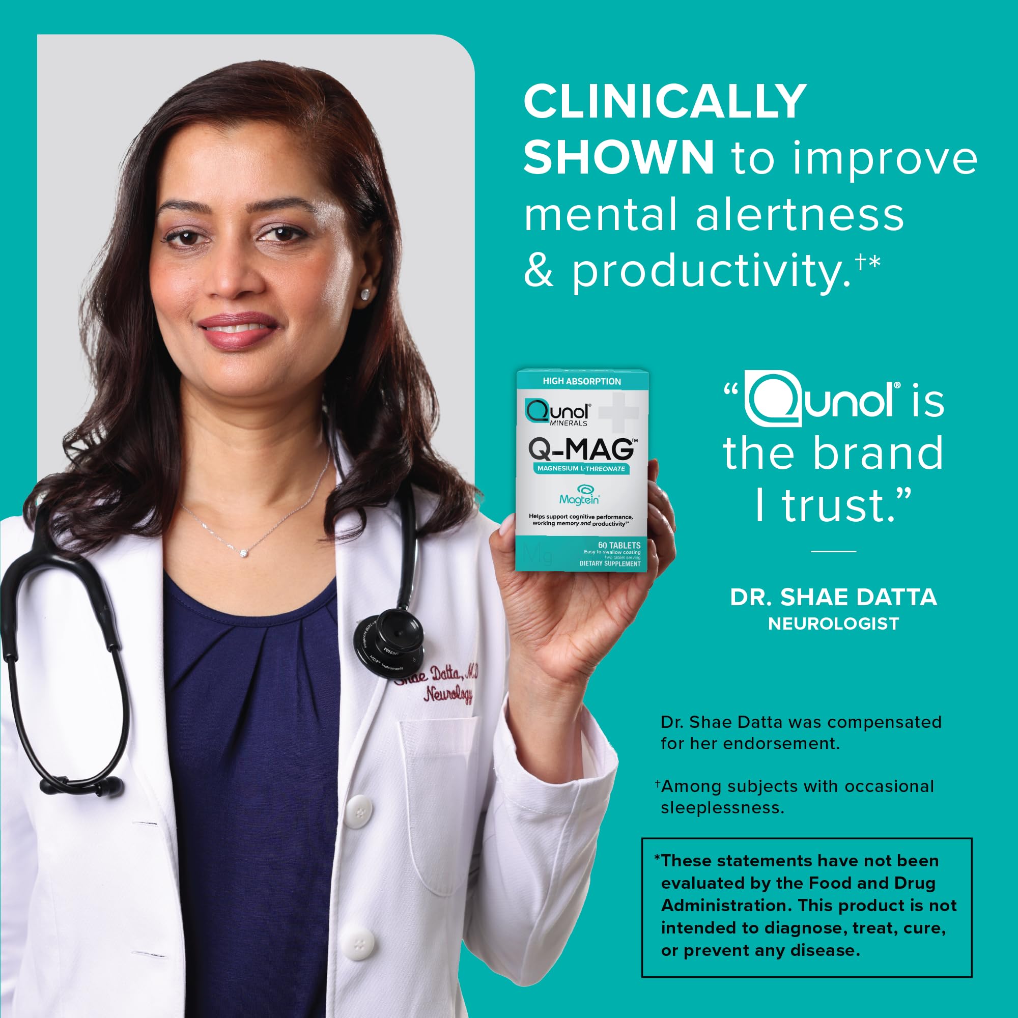 Qunol Q-Mag Magnesium L-Threonate Tablets, 2000mg of Magtein to Help Support Cognitive Performance, Improve Mental Alertness & Productivity, Supports Restful Sleep, High Absorption, 60 Count - TrustMedUSA