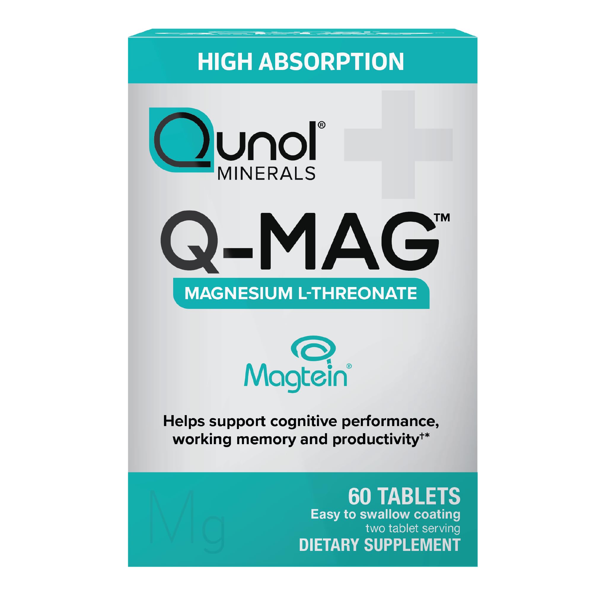 Qunol Q-Mag Magnesium L-Threonate Tablets, 2000mg of Magtein to Help Support Cognitive Performance, Improve Mental Alertness & Productivity, Supports Restful Sleep, High Absorption, 60 Count - TrustMedUSA