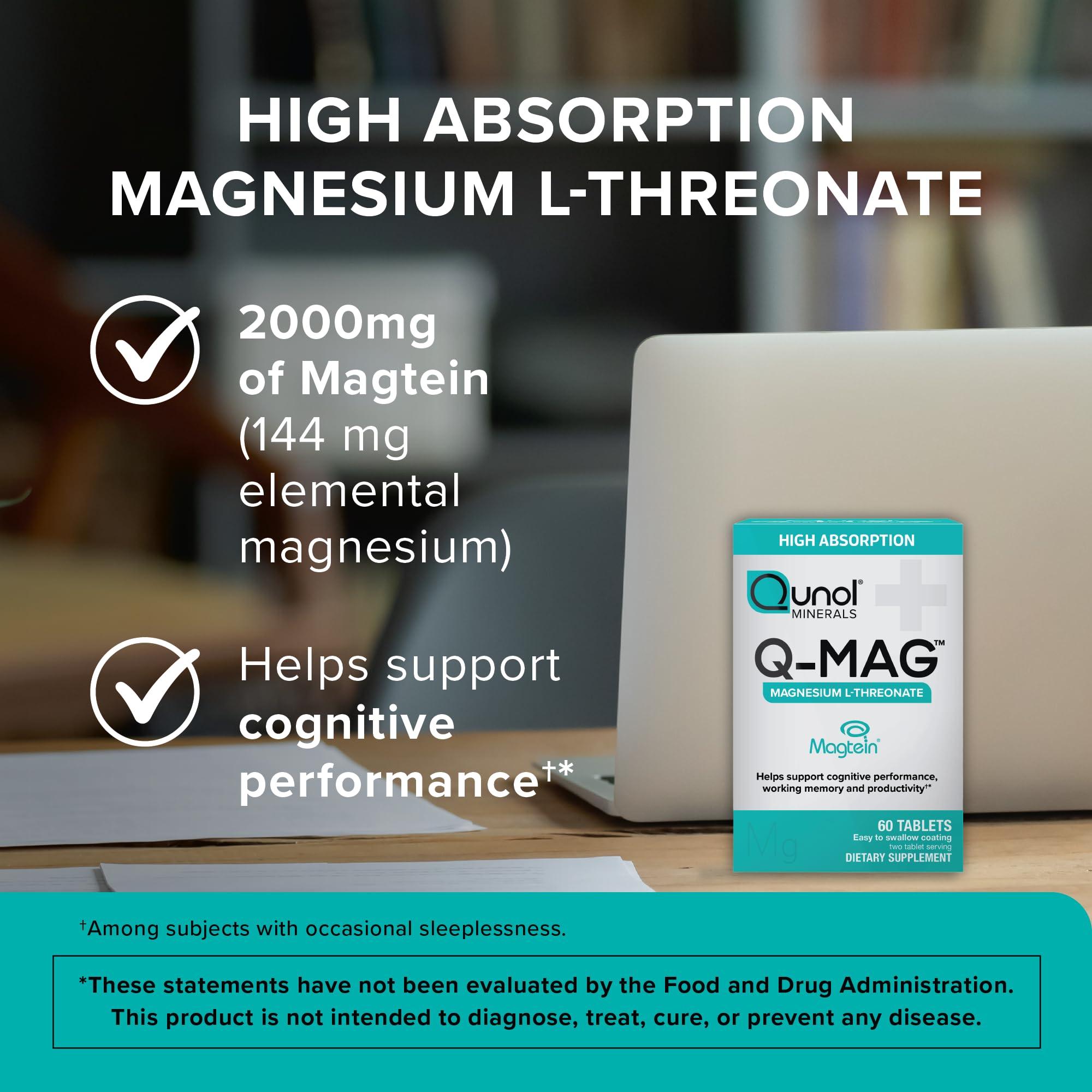 Qunol Q-Mag Magnesium L-Threonate Tablets, 2000mg of Magtein to Help Support Cognitive Performance, Improve Mental Alertness & Productivity, Supports Restful Sleep, High Absorption, 60 Count - TrustMedUSA