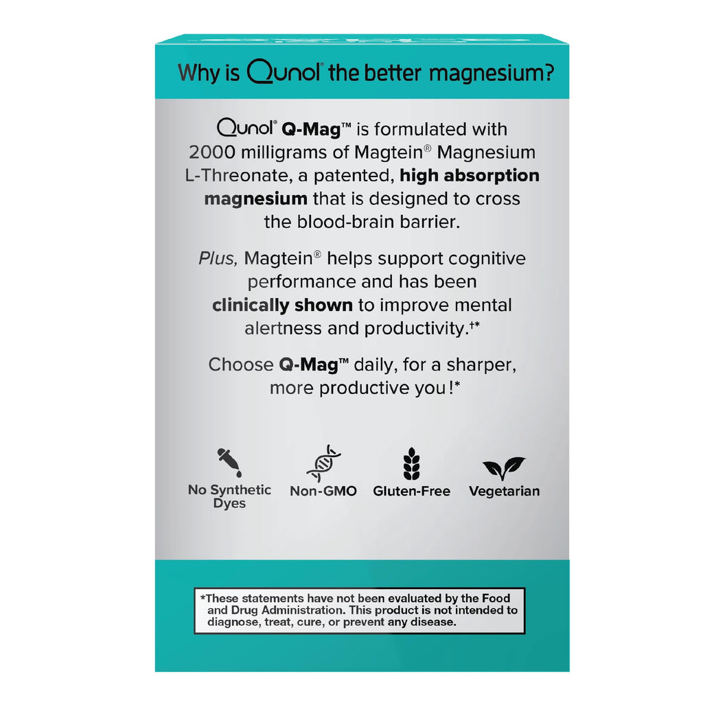Qunol Q-Mag Magnesium L-Threonate Tablets, 2000mg of Magtein to Help Support Cognitive Performance, Improve Mental Alertness & Productivity, Supports Restful Sleep, High Absorption, 60 Count - TrustMedUSA