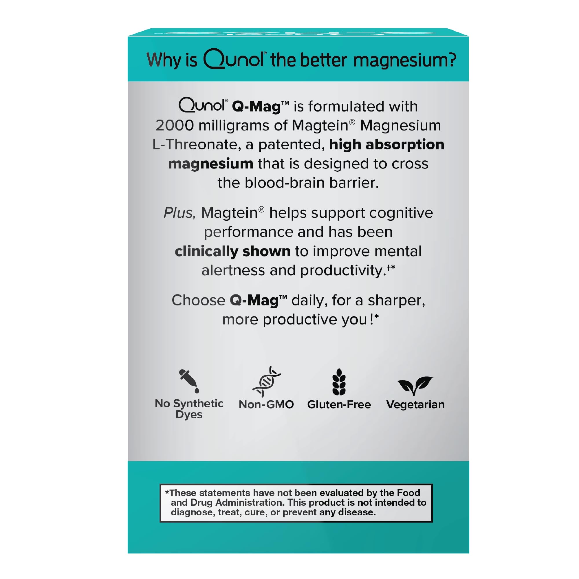 Qunol Q-Mag Magnesium L-Threonate Tablets, 2000mg of Magtein to Help Support Cognitive Performance, Improve Mental Alertness & Productivity, Supports Restful Sleep, High Absorption, 60 Count - TrustMedUSA