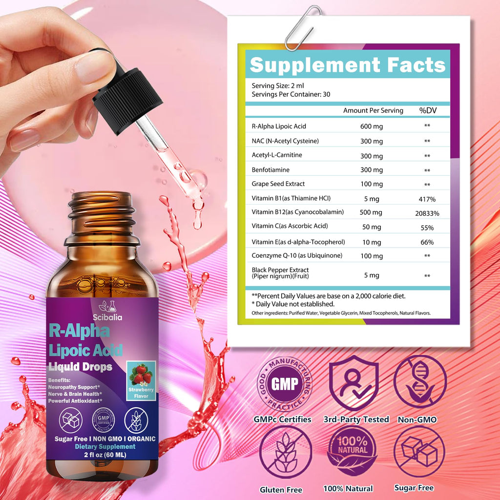 R Alpha Lipoic Acid 600mg Liquid Drops for Neuropathy, Advanced 11-in-1 Stabilized R-ALA Supplement w. Benfotiamine Acetyl L-Carnitine Vitamin C E for Antioxidant Nerve Brain Energy Health Non GMO - TrustMedUSA
