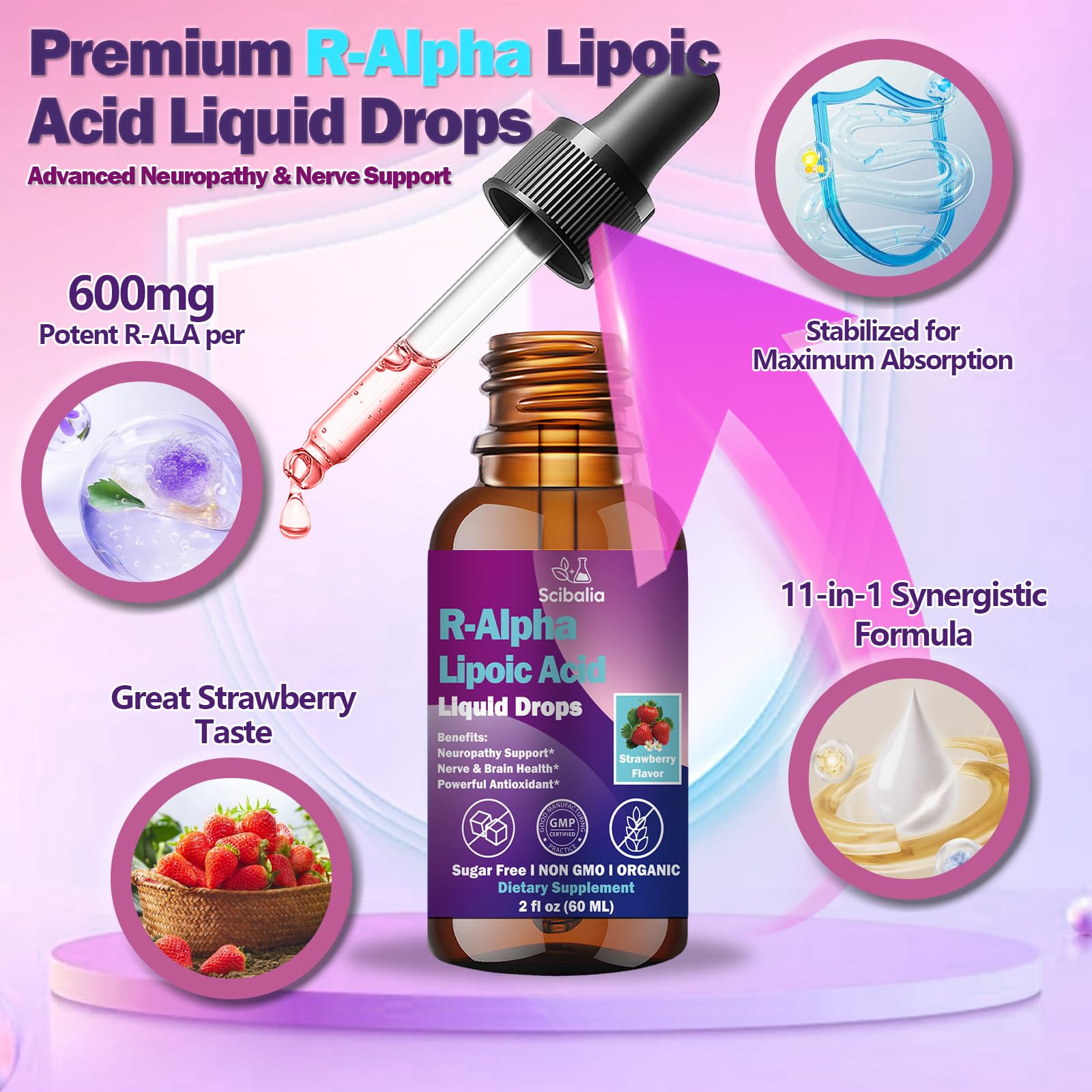 R Alpha Lipoic Acid 600mg Liquid Drops for Neuropathy, Advanced 11-in-1 Stabilized R-ALA Supplement w. Benfotiamine Acetyl L-Carnitine Vitamin C E for Antioxidant Nerve Brain Energy Health Non GMO - TrustMedUSA