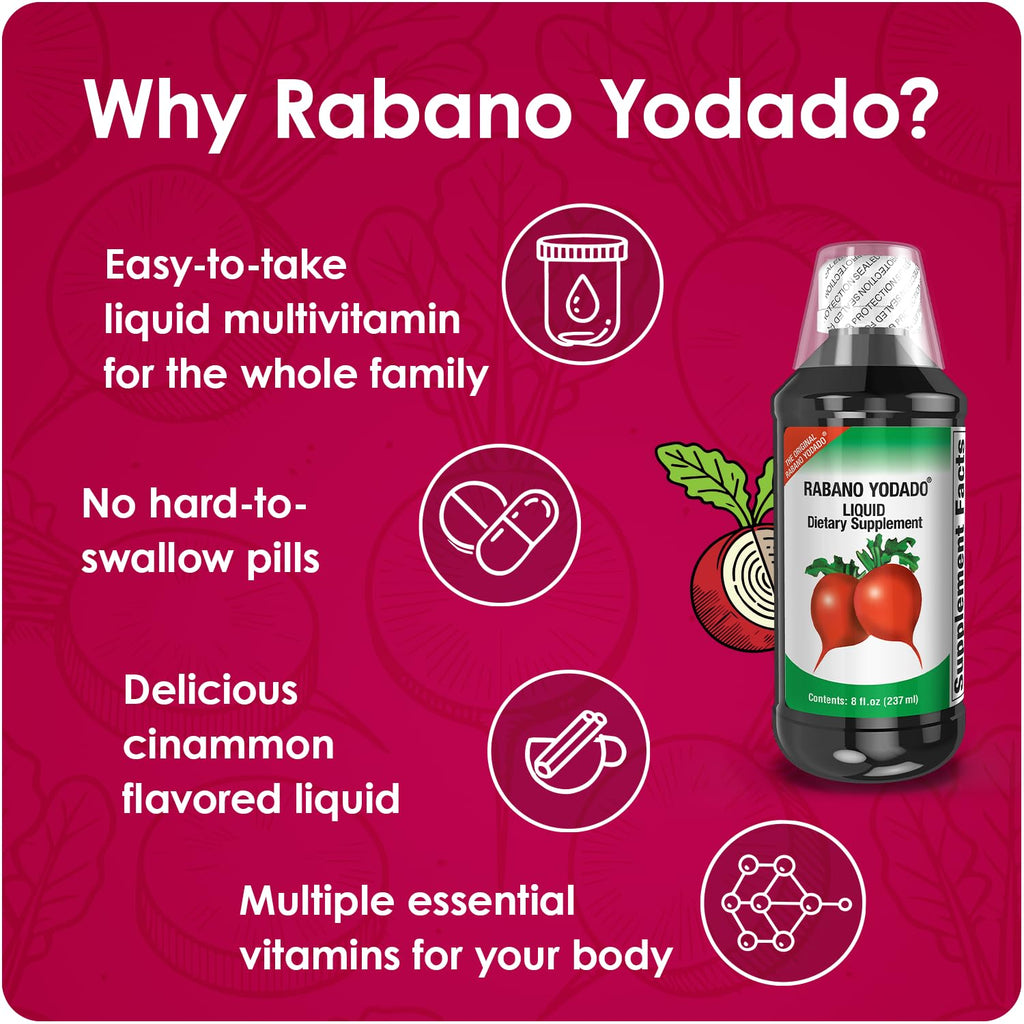 Rabano Yodado Ionized Radish Dietary Liquid Supplement with Iodine, Vitamin B1, B6 & B12, Wellness & Digestive Support, Helps Maintain Natural Energy & Nutrient Balance, 8 Fl Oz, Pack of 1 - TrustMedUSA