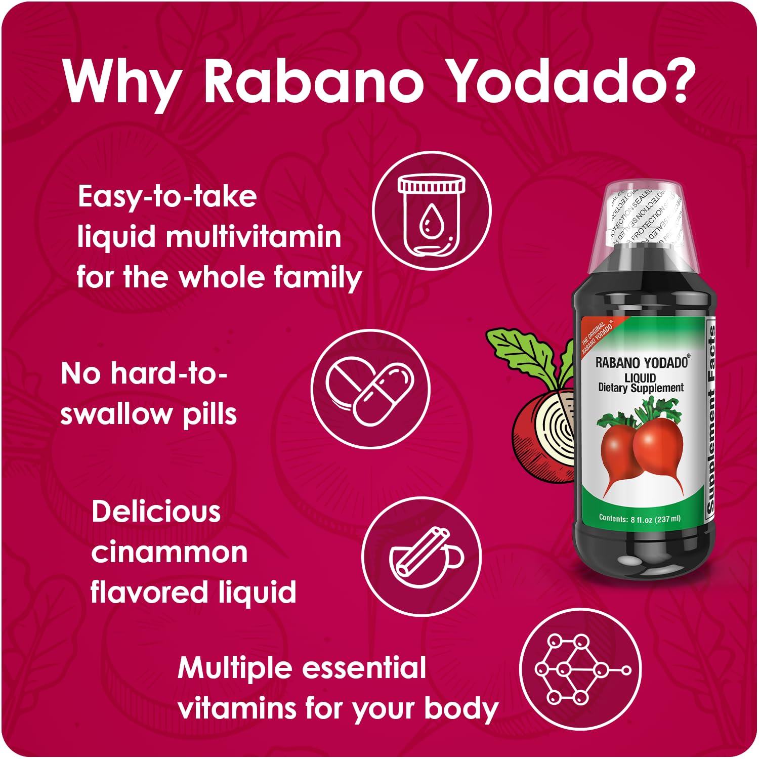 Rabano Yodado Ionized Radish Dietary Liquid Supplement with Iodine, Vitamin B1, B6 & B12, Wellness & Digestive Support, Helps Maintain Natural Energy & Nutrient Balance, 8 Fl Oz, Pack of 1 - TrustMedUSA