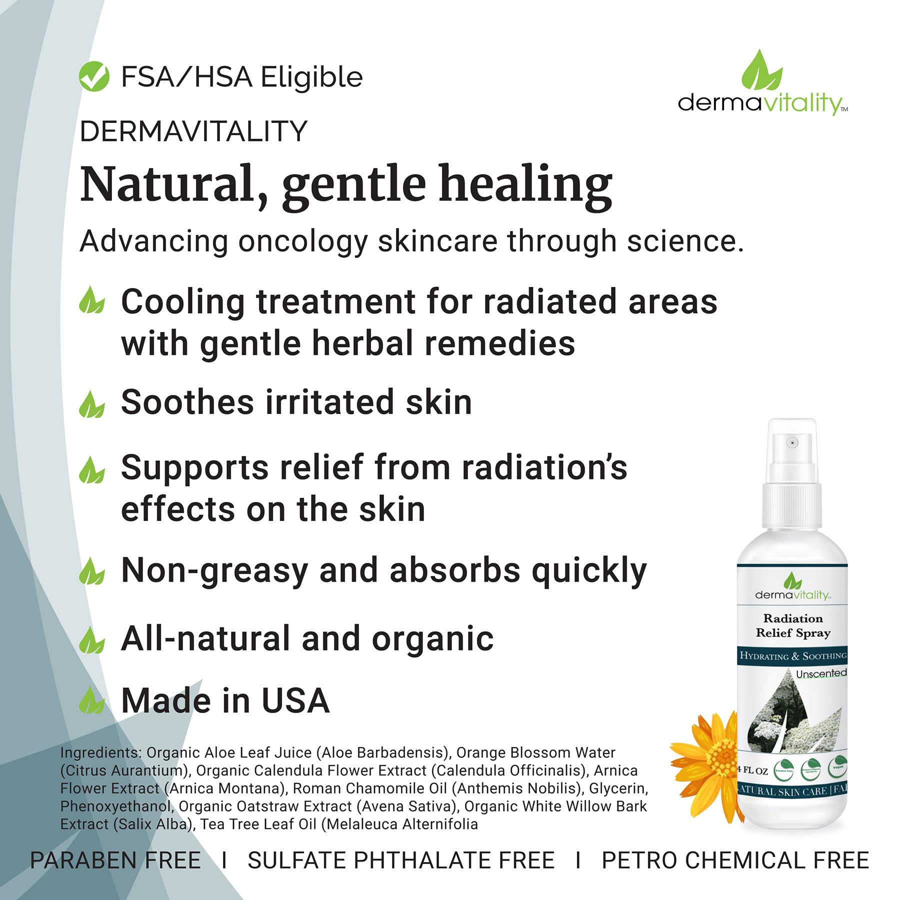 Radiation Burn Relief Spray - Calendula Spray for Radiation Treatment, Unscented, Fragrance Free, Natural Organic Plant Based Moisturizing Soothing Relief for Itchy and Sensitive Skin – 4 ounces - Maple Wellness Supplements