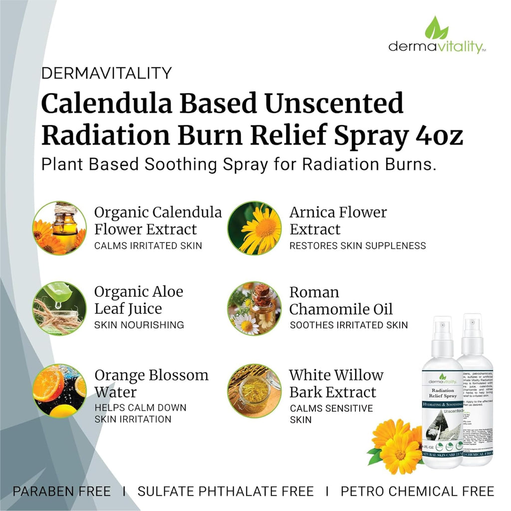 Radiation Burn Relief Spray - Calendula Spray for Radiation Treatment, Unscented, Fragrance Free, Natural Organic Plant Based Moisturizing Soothing Relief for Itchy and Sensitive Skin – 4 ounces - Maple Wellness Supplements