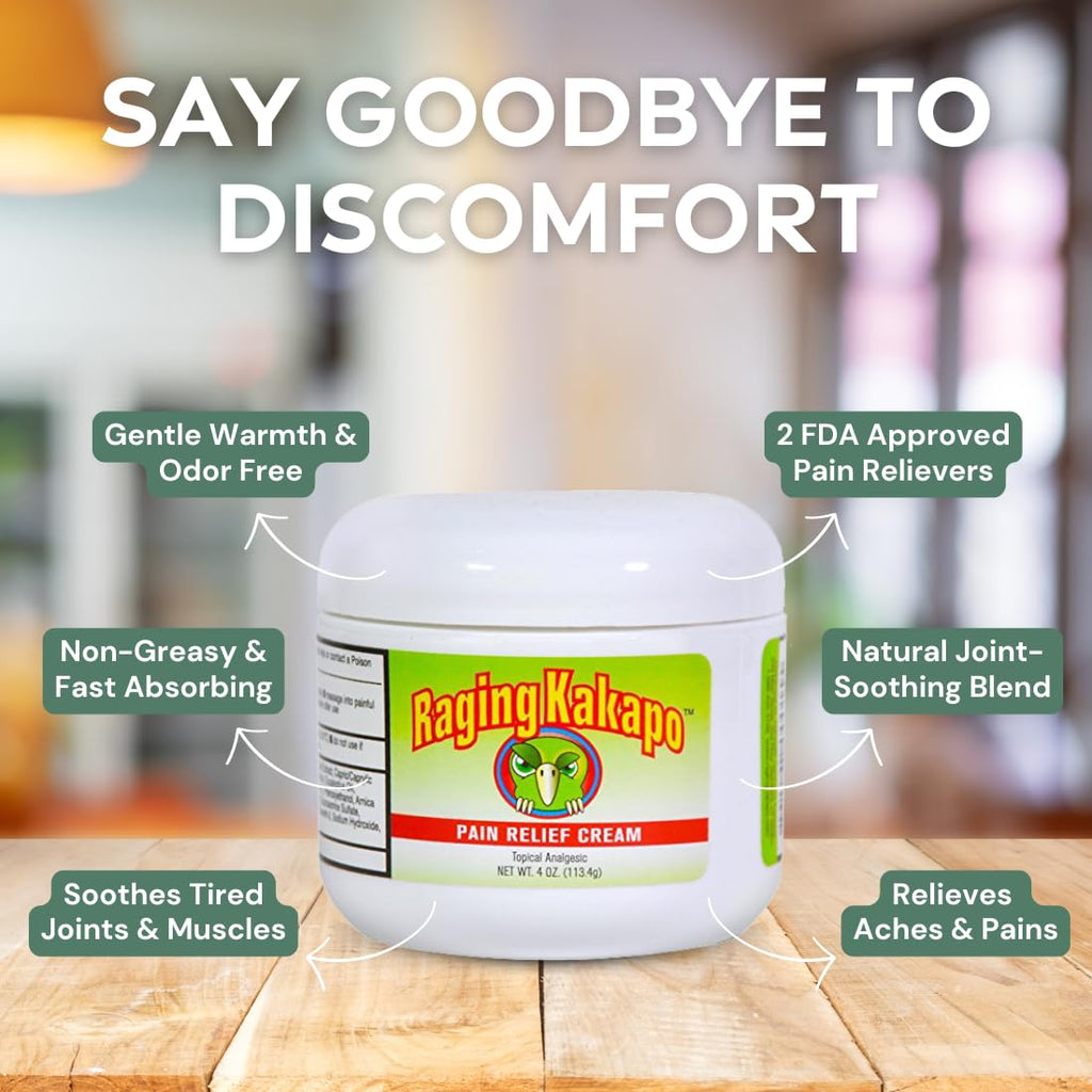 Raging Kakapo Pain Relief Cream - Sore Muscles, Joint Pain & Aches - Odor Free, Non-Greasy Pain Cream - Histamine Dihydrochloride, Capsaicin, Emu Oil & More - 4 oz. Jar - TrustMedUSA