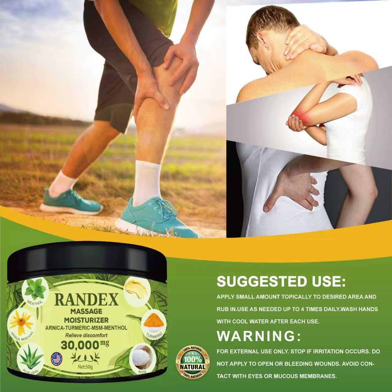 RANDEX 30000MG Organic Massage Moisturizer - Muscles,Joints,Knees, Shoulders,Body, Extra Strength- Natural - TrustMedUSA