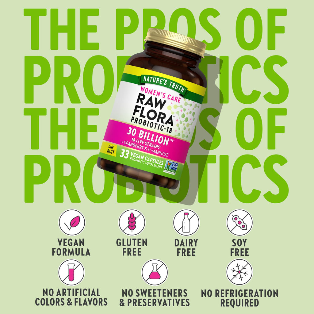 Raw Flora Probiotics for Women | 30 Billion CFU | 33 Capsules | with Cranberry and D-Mannose | Vegan, Non-GMO & Gluten Free Supplement - Maple Wellness Supplements