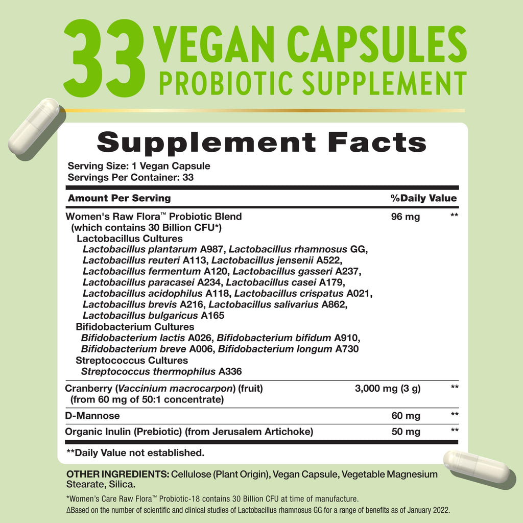 Raw Flora Probiotics for Women | 30 Billion CFU | 33 Capsules | with Cranberry and D-Mannose | Vegan, Non-GMO & Gluten Free Supplement - Maple Wellness Supplements
