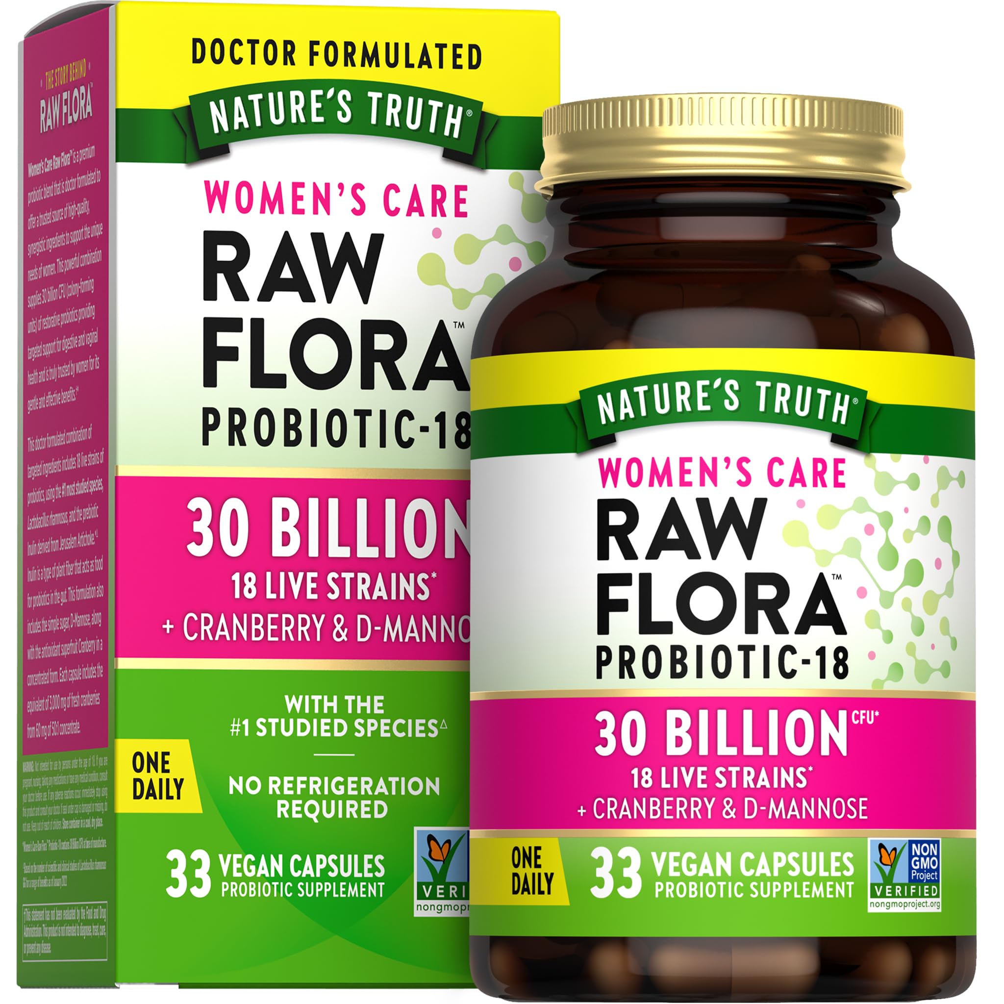 Raw Flora Probiotics for Women | 30 Billion CFU | 33 Capsules | with Cranberry and D-Mannose | Vegan, Non-GMO & Gluten Free Supplement - Maple Wellness Supplements