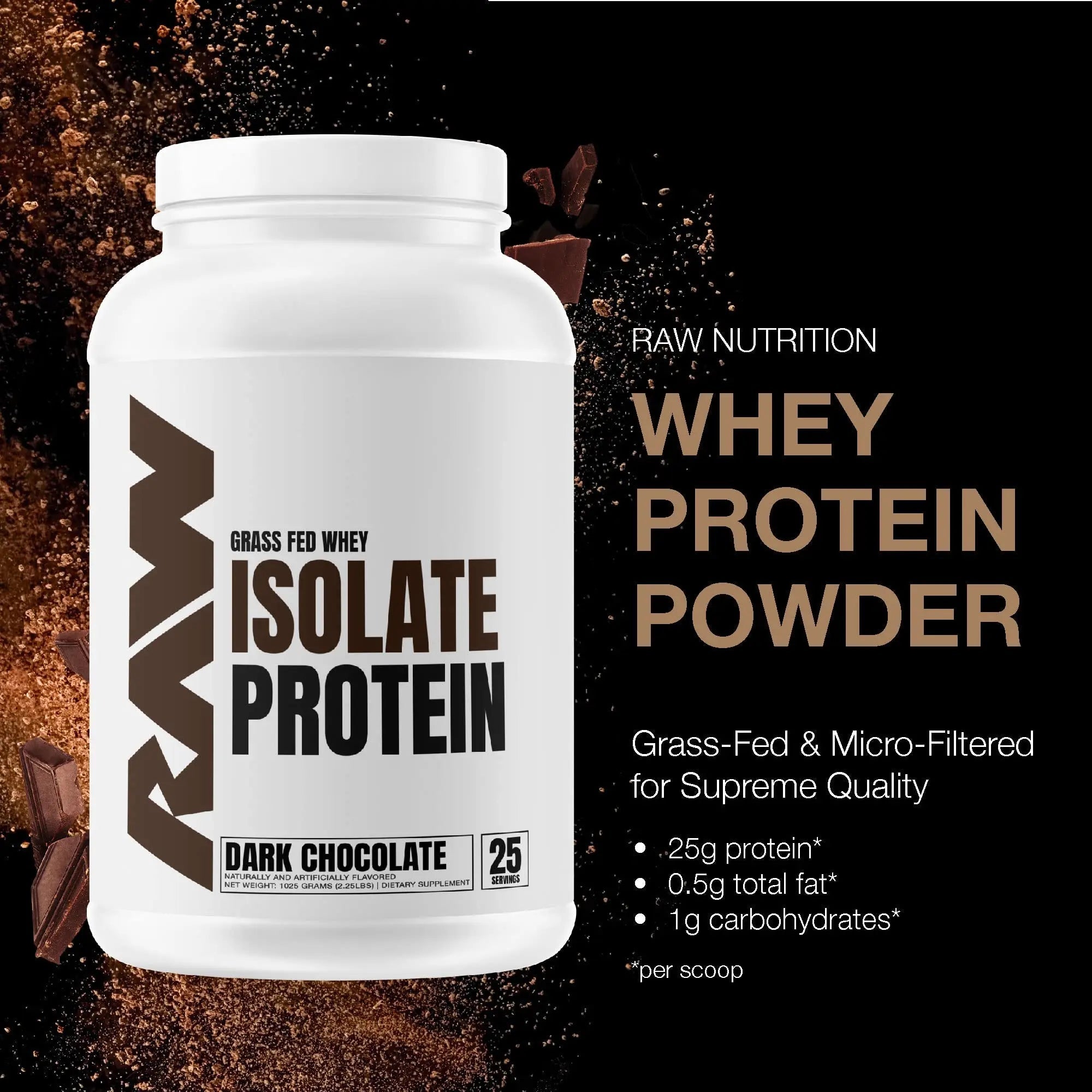 RAW Whey Isolate Protein Powder, Dark Chocolate - 100% Grass-Fed Sports Nutrition - TrustMedUSA