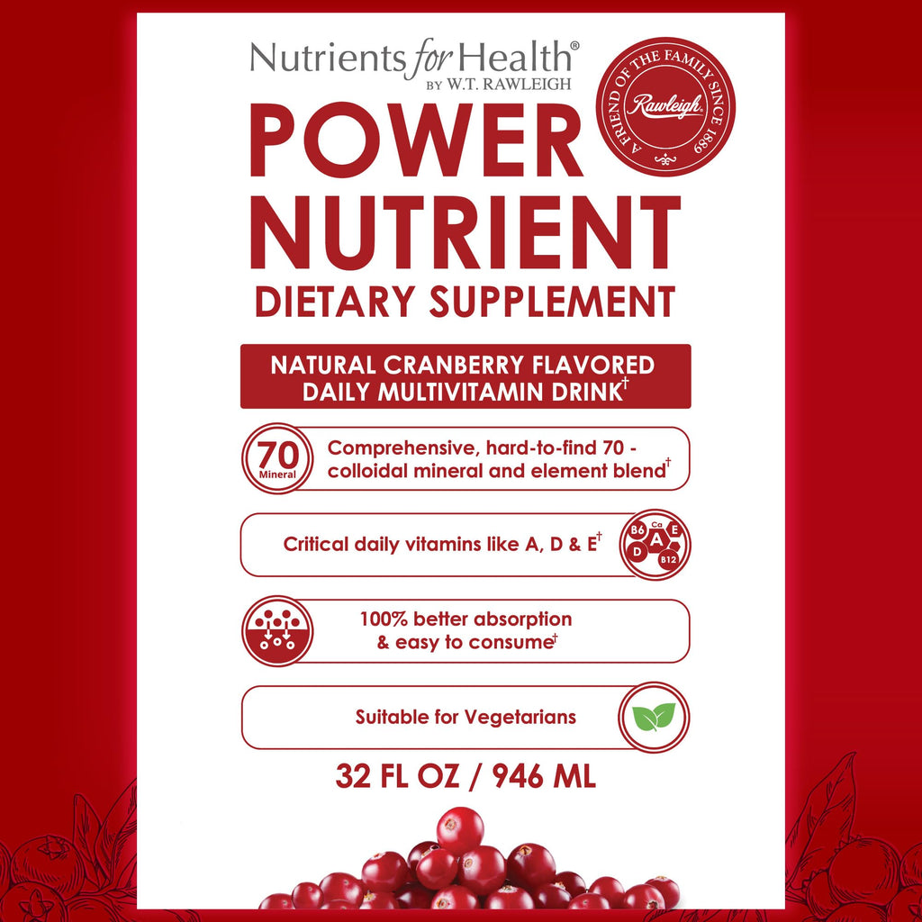 Rawleigh Power Nutrient: 32 fl oz for 1 Month - Cranberry Flavor, Daily Multivitamin Liquid Supplement for Men, Women with VIT. A - zinc & 70 Colloidal Trace Minerals, Vegetarian-Friendly, GMO Free - TrustMedUSA