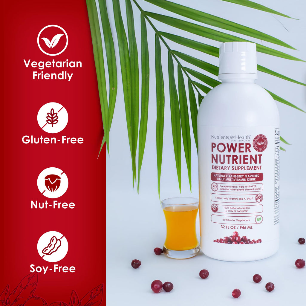 Rawleigh Power Nutrient: 32 fl oz for 1 Month - Cranberry Flavor, Daily Multivitamin Liquid Supplement for Men, Women with VIT. A - zinc & 70 Colloidal Trace Minerals, Vegetarian-Friendly, GMO Free - TrustMedUSA