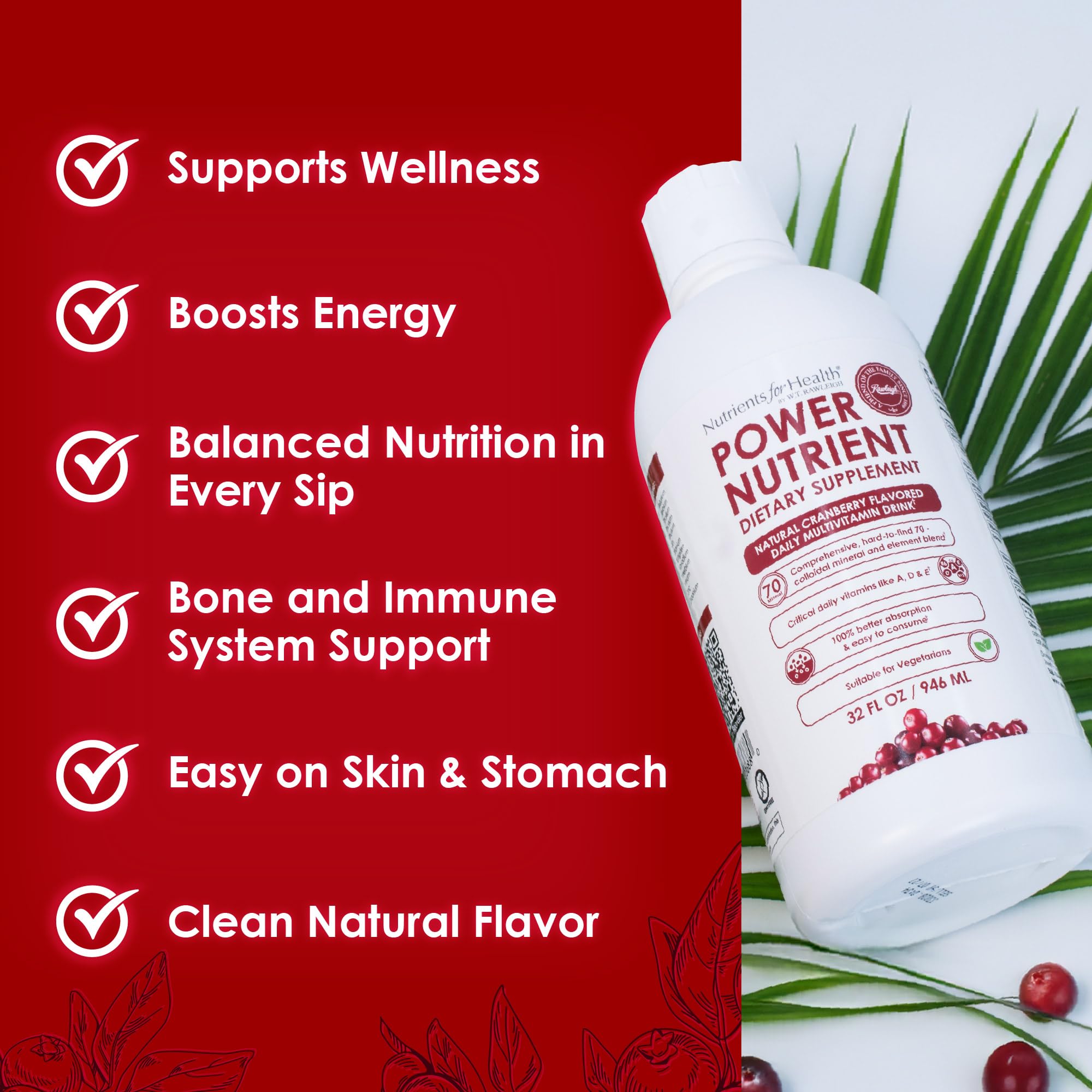 Rawleigh Power Nutrient: 32 fl oz for 1 Month - Cranberry Flavor, Daily Multivitamin Liquid Supplement for Men, Women with VIT. A - zinc & 70 Colloidal Trace Minerals, Vegetarian-Friendly, GMO Free - TrustMedUSA