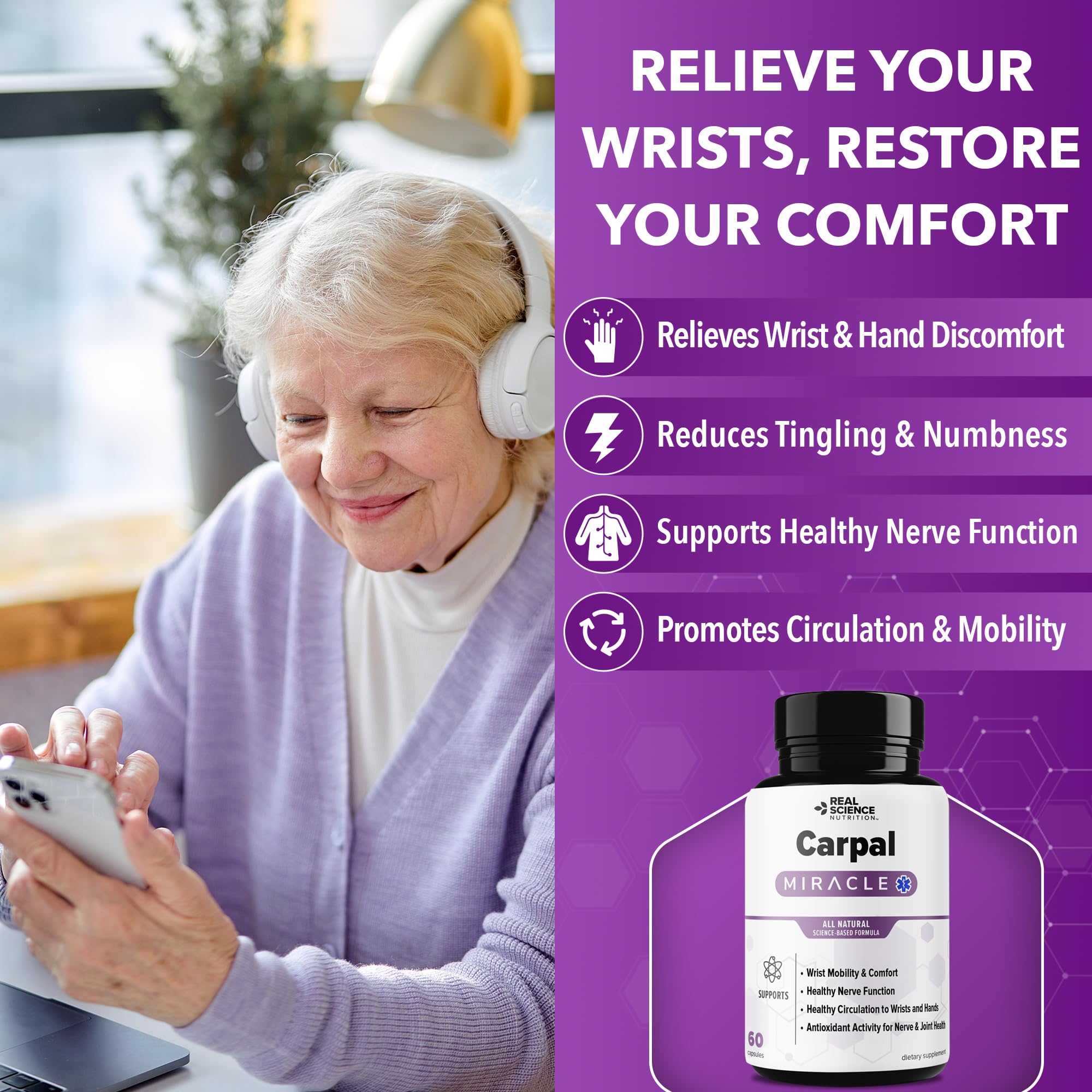 Real Science Carpal Miracle – All Natural Carpal Tunnel Relief & Wrist Support Supplement with Vitamins B6, B12, C, D, K + GABA – Hand & Nerve Comfort – Made in USA, 60 Caps - TrustMedUSA