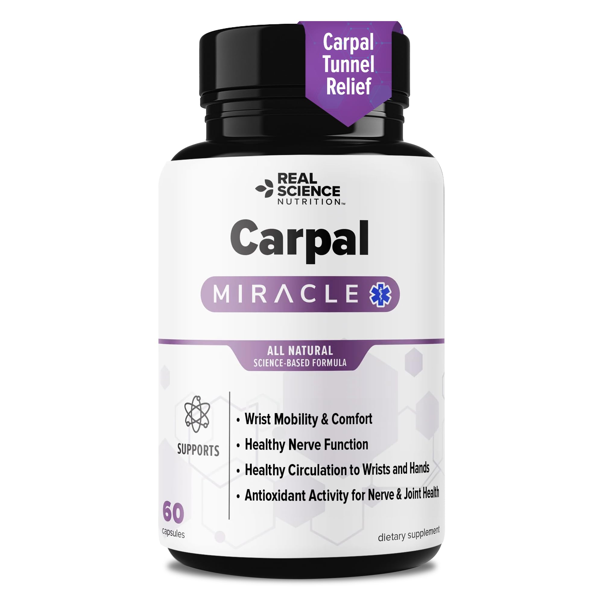 Real Science Carpal Miracle – All Natural Carpal Tunnel Relief & Wrist Support Supplement with Vitamins B6, B12, C, D, K + GABA – Hand & Nerve Comfort – Made in USA, 60 Caps - TrustMedUSA