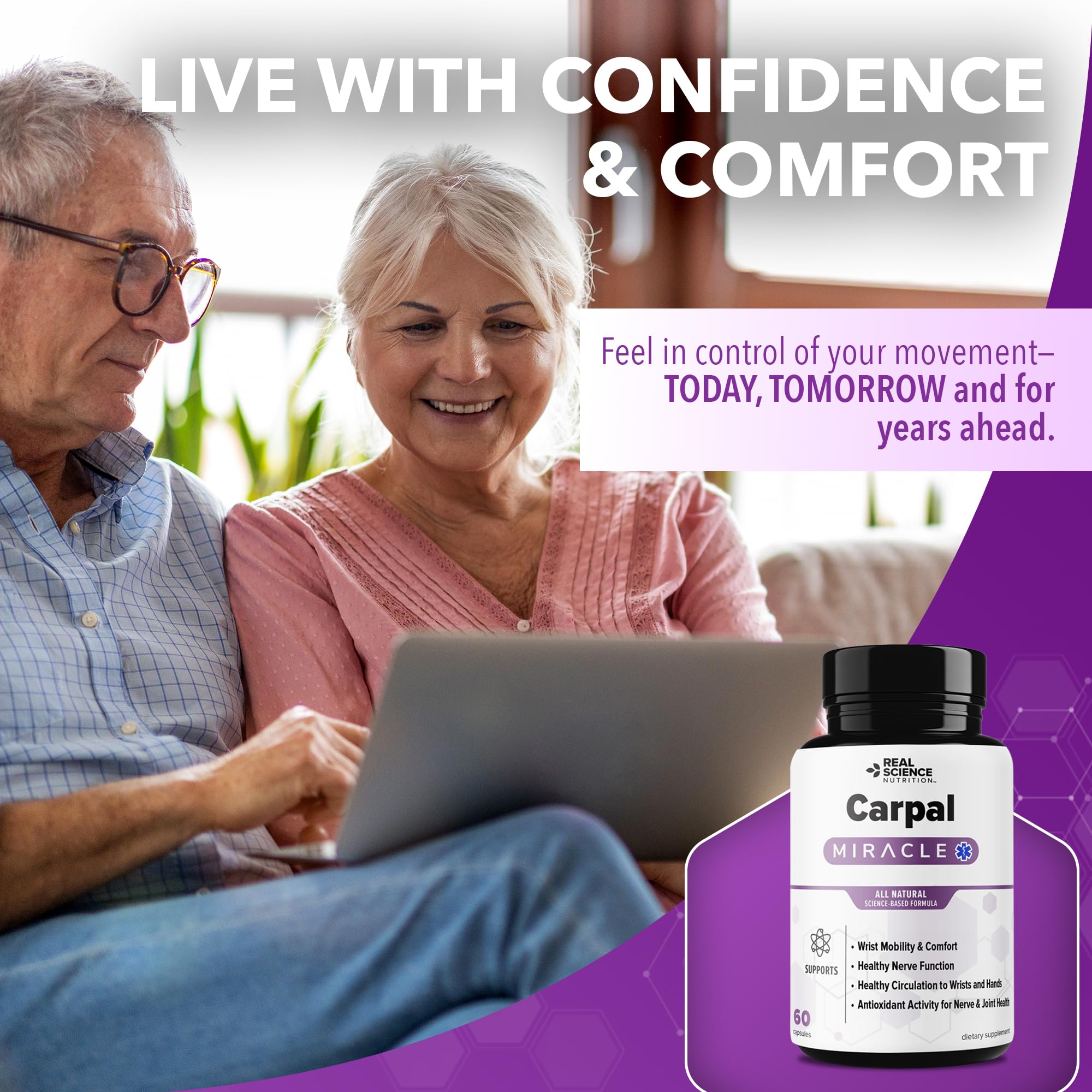 Real Science Carpal Miracle – All Natural Carpal Tunnel Relief & Wrist Support Supplement with Vitamins B6, B12, C, D, K + GABA – Hand & Nerve Comfort – Made in USA, 60 Caps - TrustMedUSA