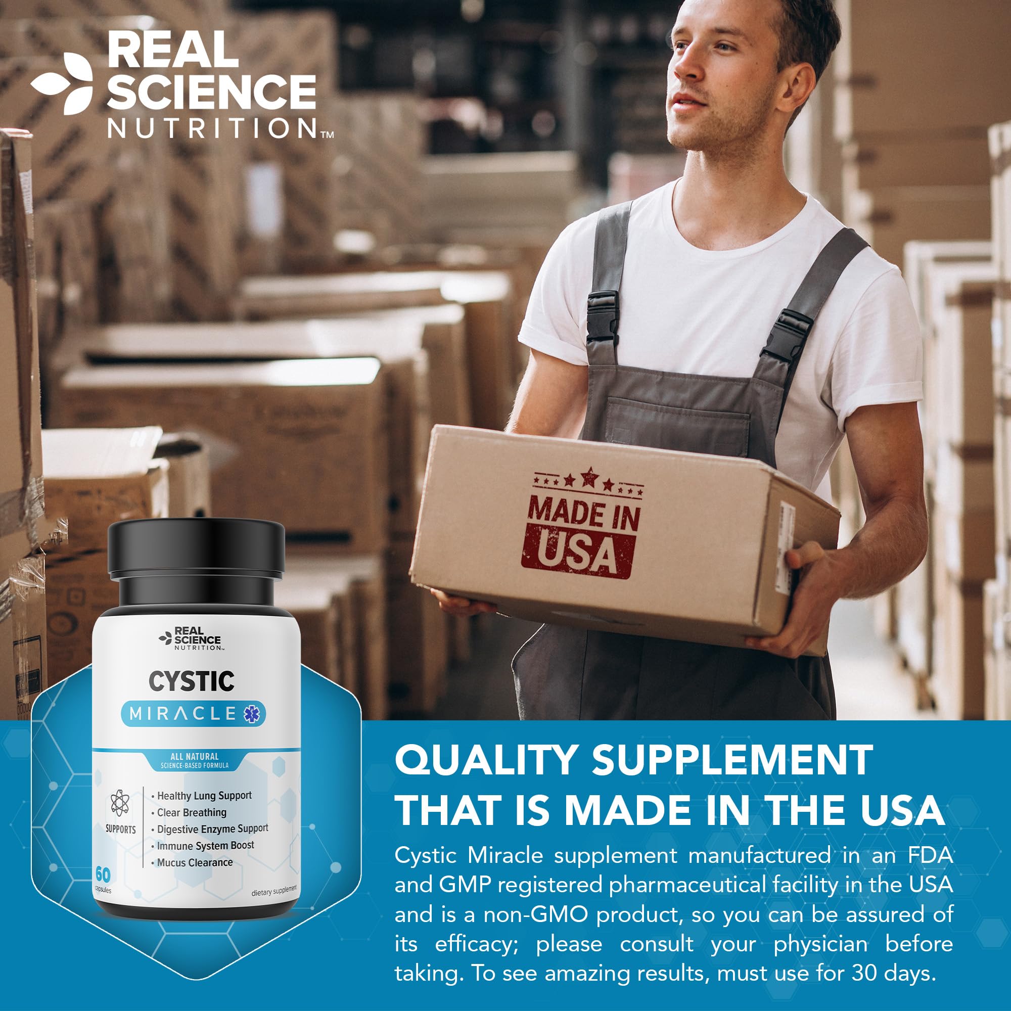 Real Science Cystic Miracle - Lung Support Supplement for Breathing Support and Mucus Clearance – with Vinitrox & GABA to Help Clear Lungs and Aid Respiratory Health, Made in USA, 60 Caps - TrustMedUSA