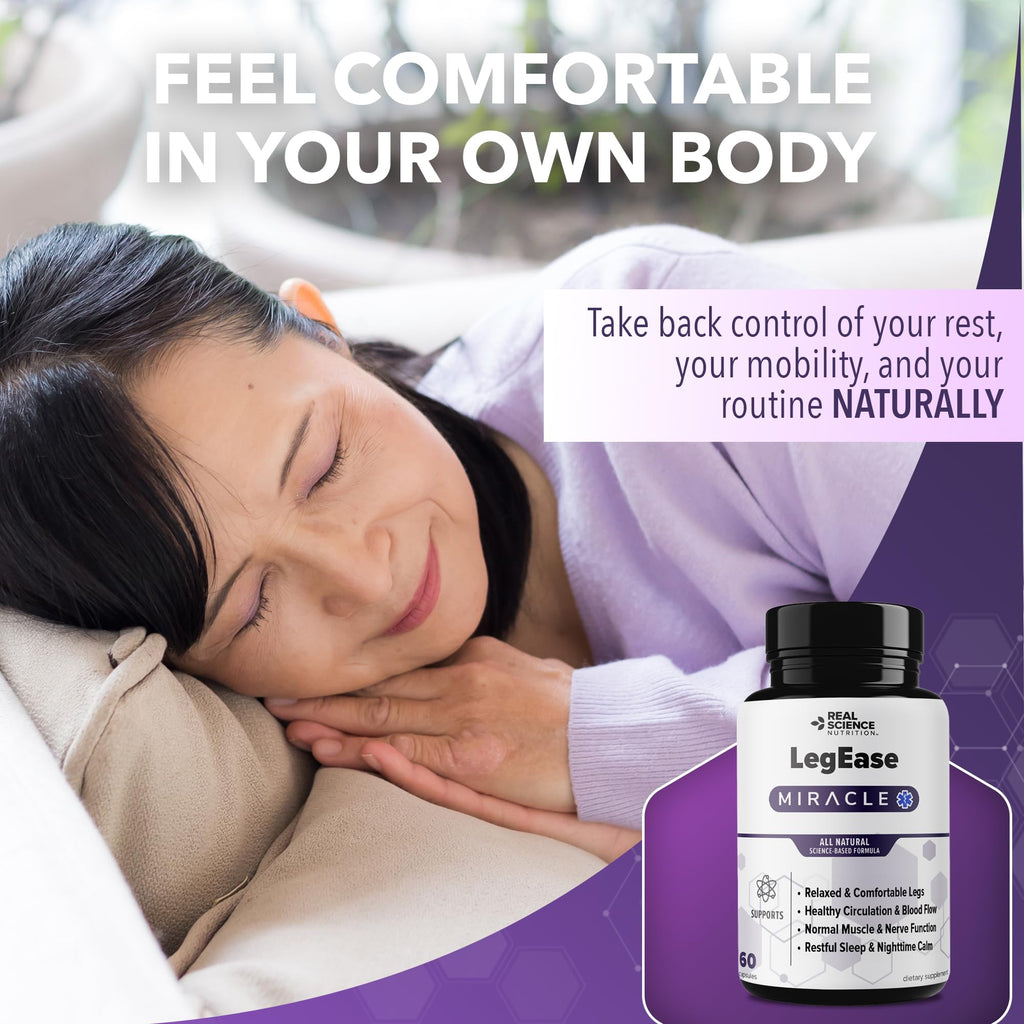 Real Science LegEase Miracle – All Natural Restless Legs Syndrome Relief & Leg Cramp Supplement with Vitamins C, D, K, B6, B12 + Nitric Oxide Support – Sleep & Circulation Aid – Made in USA, 60 Caps - TrustMedUSA