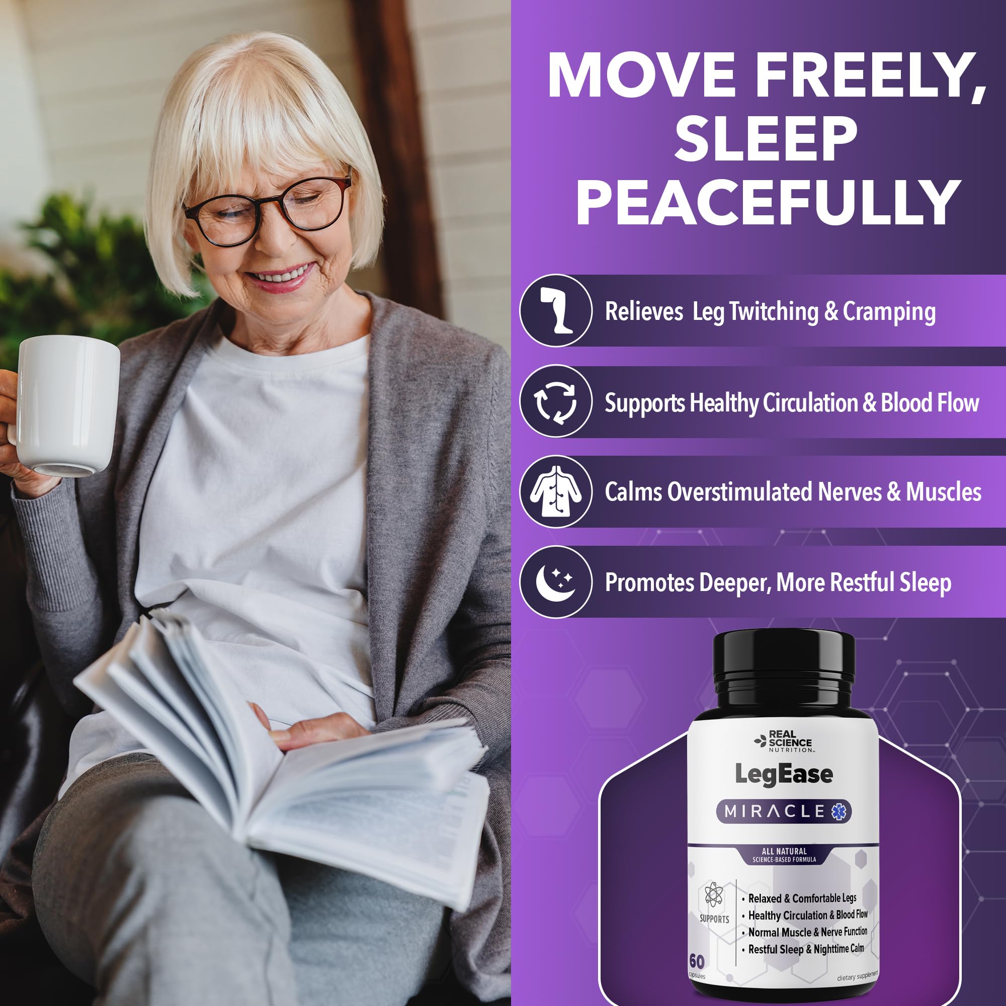 Real Science LegEase Miracle – All Natural Restless Legs Syndrome Relief & Leg Cramp Supplement with Vitamins C, D, K, B6, B12 + Nitric Oxide Support – Sleep & Circulation Aid – Made in USA, 60 Caps - TrustMedUSA