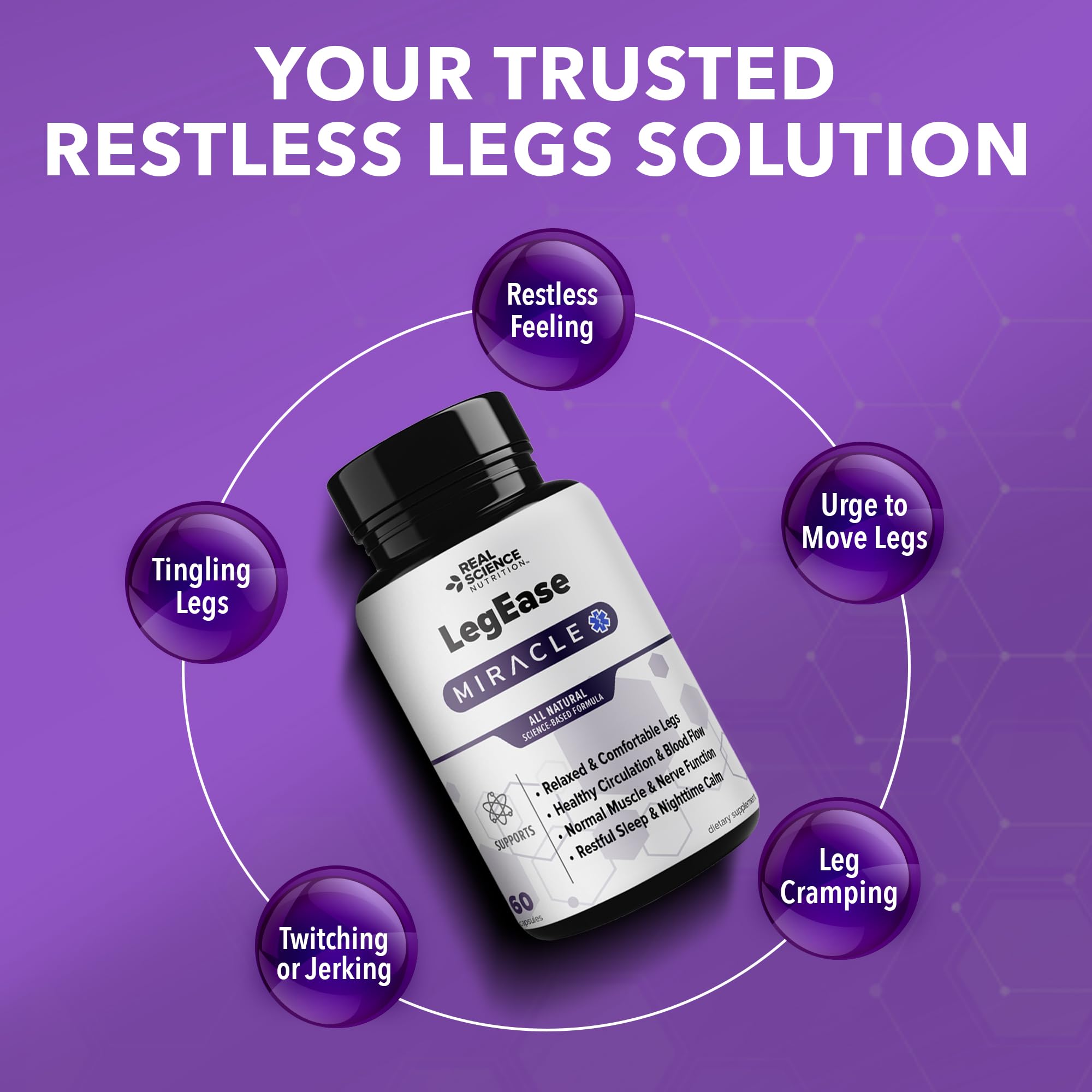 Real Science LegEase Miracle – All Natural Restless Legs Syndrome Relief & Leg Cramp Supplement with Vitamins C, D, K, B6, B12 + Nitric Oxide Support – Sleep & Circulation Aid – Made in USA, 60 Caps - TrustMedUSA
