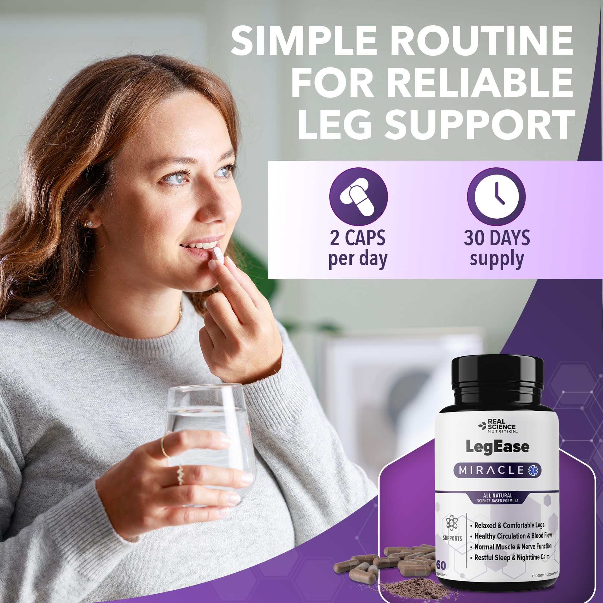 Real Science LegEase Miracle – All Natural Restless Legs Syndrome Relief & Leg Cramp Supplement with Vitamins C, D, K, B6, B12 + Nitric Oxide Support – Sleep & Circulation Aid – Made in USA, 60 Caps - TrustMedUSA