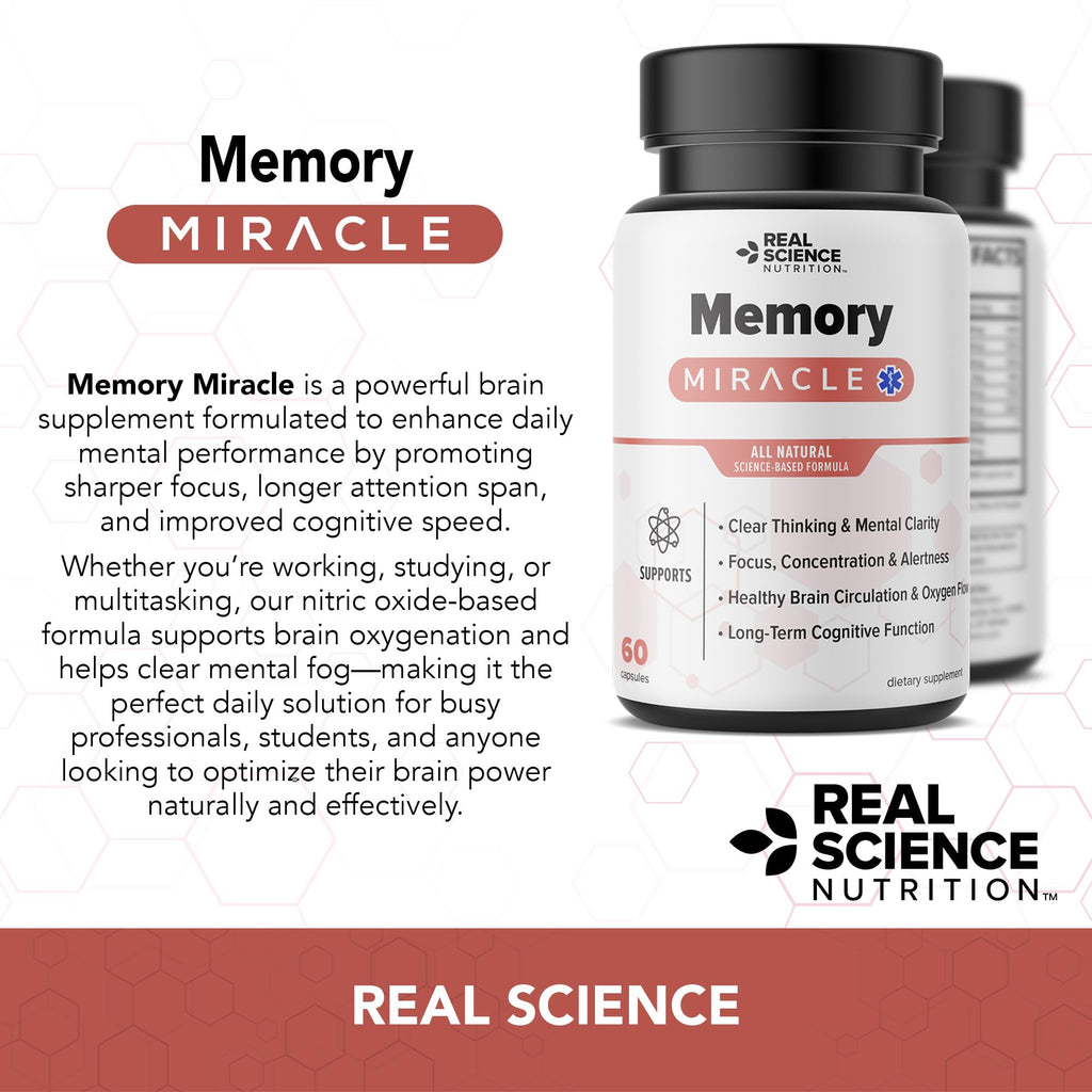 Real Science Nutrition Offers Memory Miracle – Brain and Memory Support Supplement for Focus, Mental Clarity & Brain Health – Nootropic Brain Booster with Nitric Oxide – 60 Capsules - TrustMedUSA