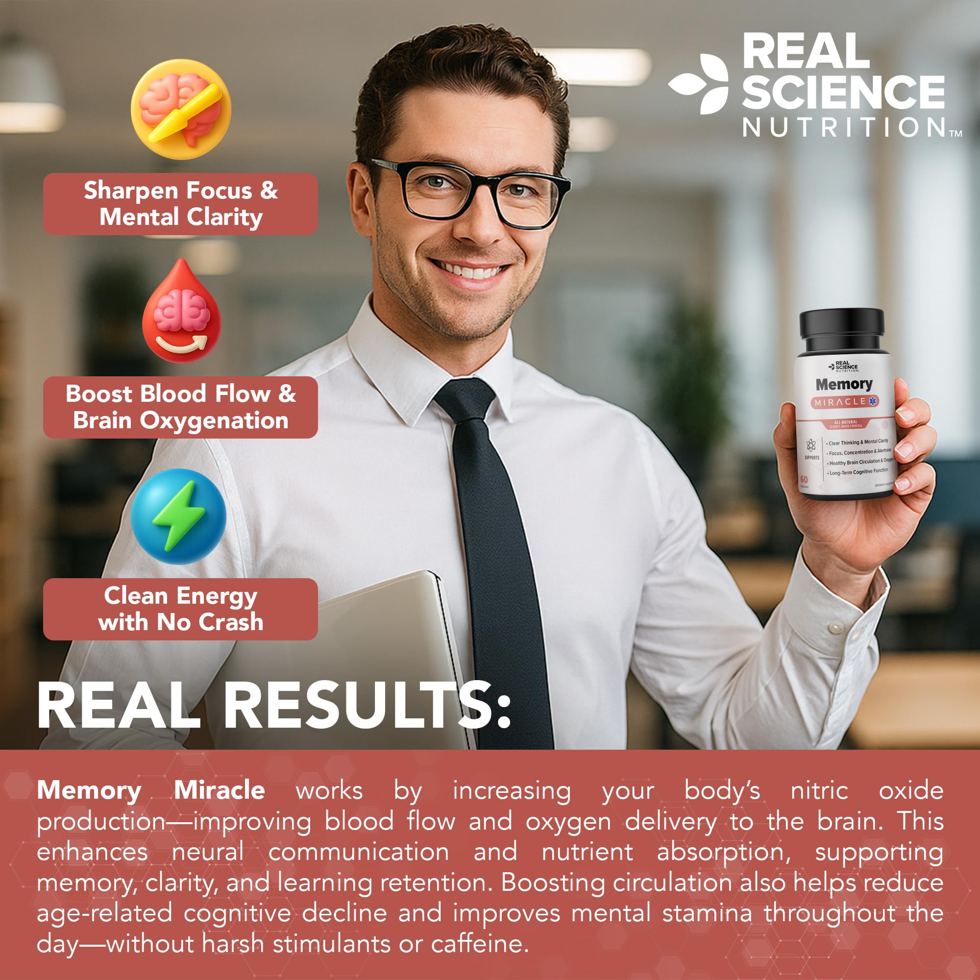 Real Science Nutrition Offers Memory Miracle – Brain and Memory Support Supplement for Focus, Mental Clarity & Brain Health – Nootropic Brain Booster with Nitric Oxide – 60 Capsules - TrustMedUSA