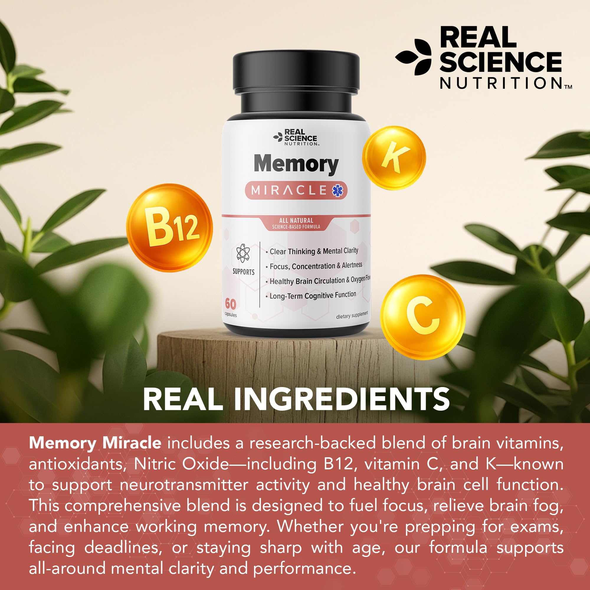 Real Science Nutrition Offers Memory Miracle – Brain and Memory Support Supplement for Focus, Mental Clarity & Brain Health – Nootropic Brain Booster with Nitric Oxide – 60 Capsules - TrustMedUSA