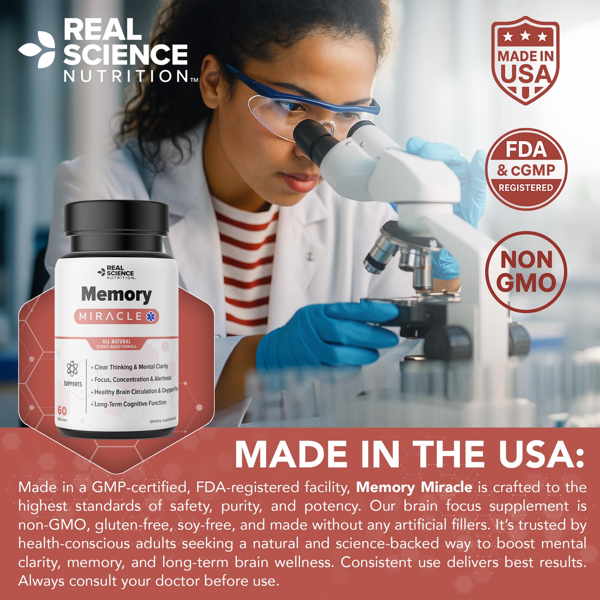 Real Science Nutrition Offers Memory Miracle – Brain and Memory Support Supplement for Focus, Mental Clarity & Brain Health – Nootropic Brain Booster with Nitric Oxide – 60 Capsules - TrustMedUSA