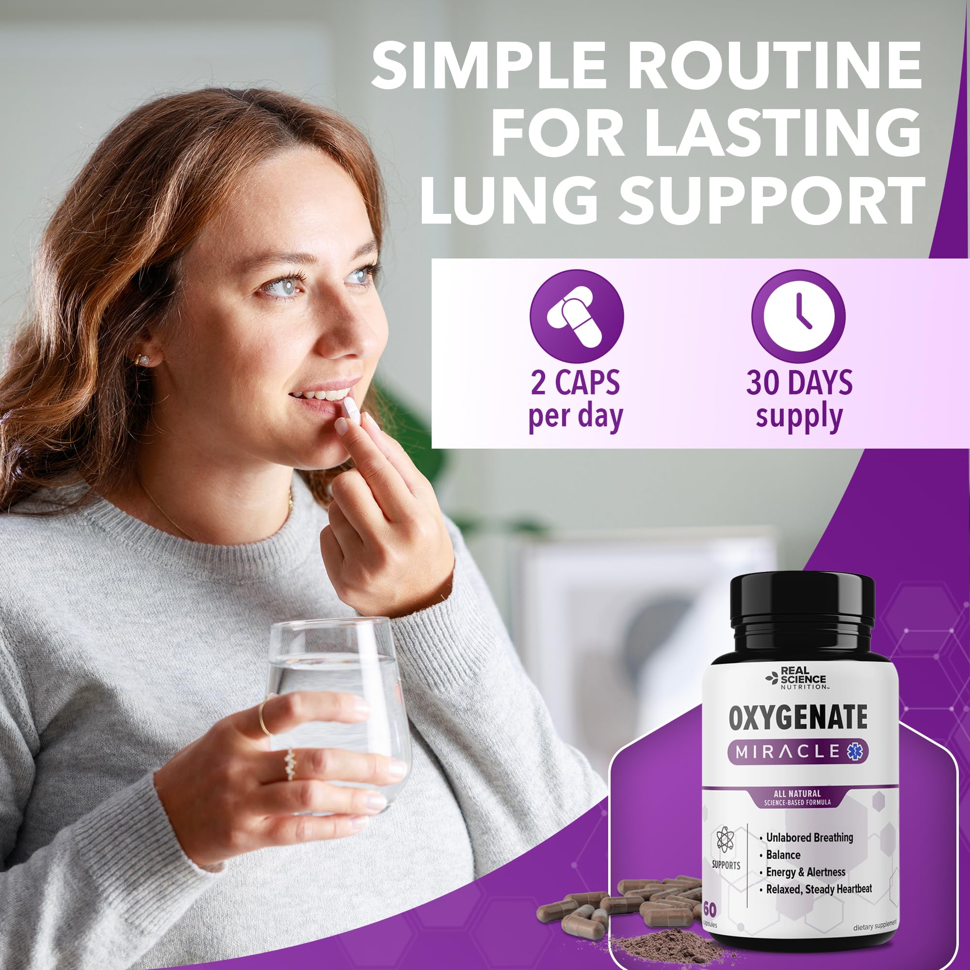 Real Science Oxygenate Miracle – Daily Lung & Circulation Support Supplement for Breathing Comfort and Energy – Supports Respiratory Function and Overall Wellness, 60 Caps - TrustMedUSA