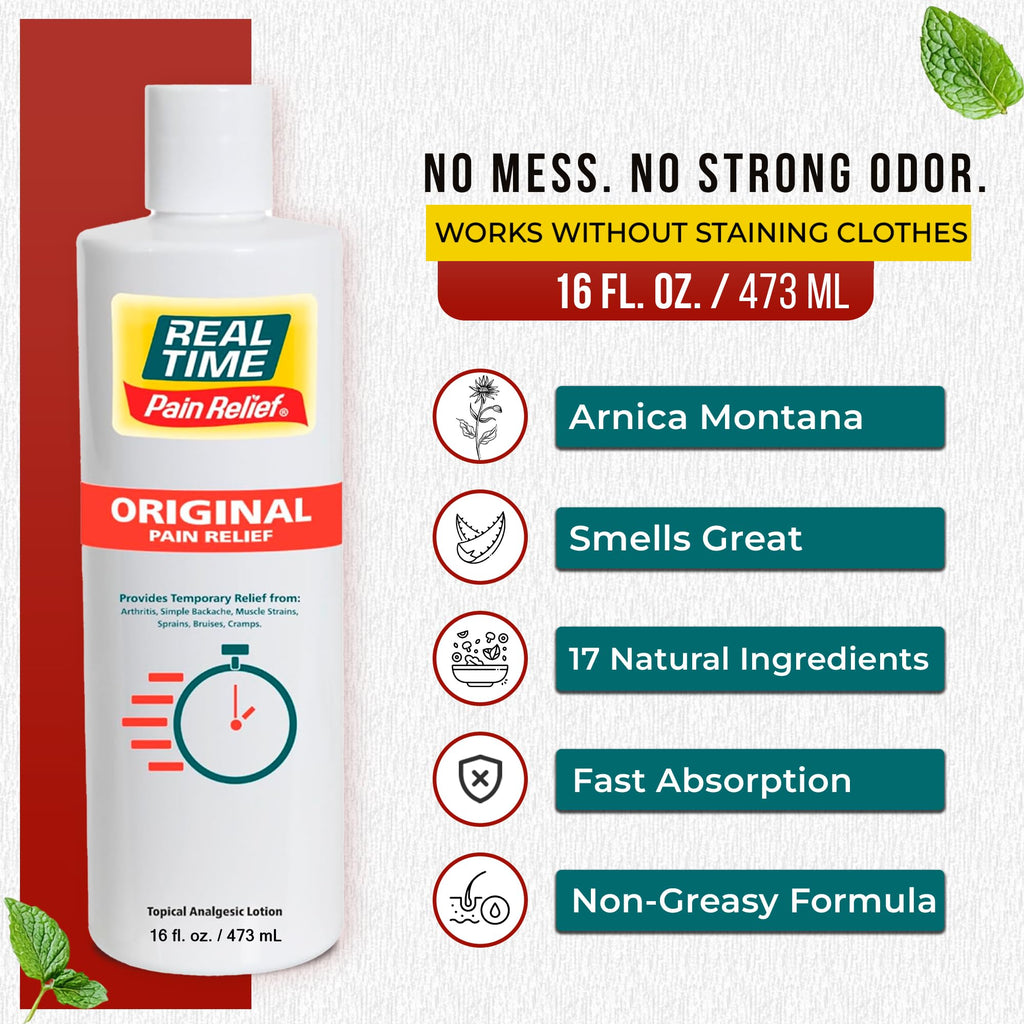 Real Time Pain Relief Cream 16oz Bottle | 17 Natural Ingredients: 1.25% Menthol, Arnica & MSM | Muscle Strain & Joint Discomfort Relief for Arthritis, Cramps, Sprains, Bruises, Hands, Back & Knee Pain - TrustMedUSA