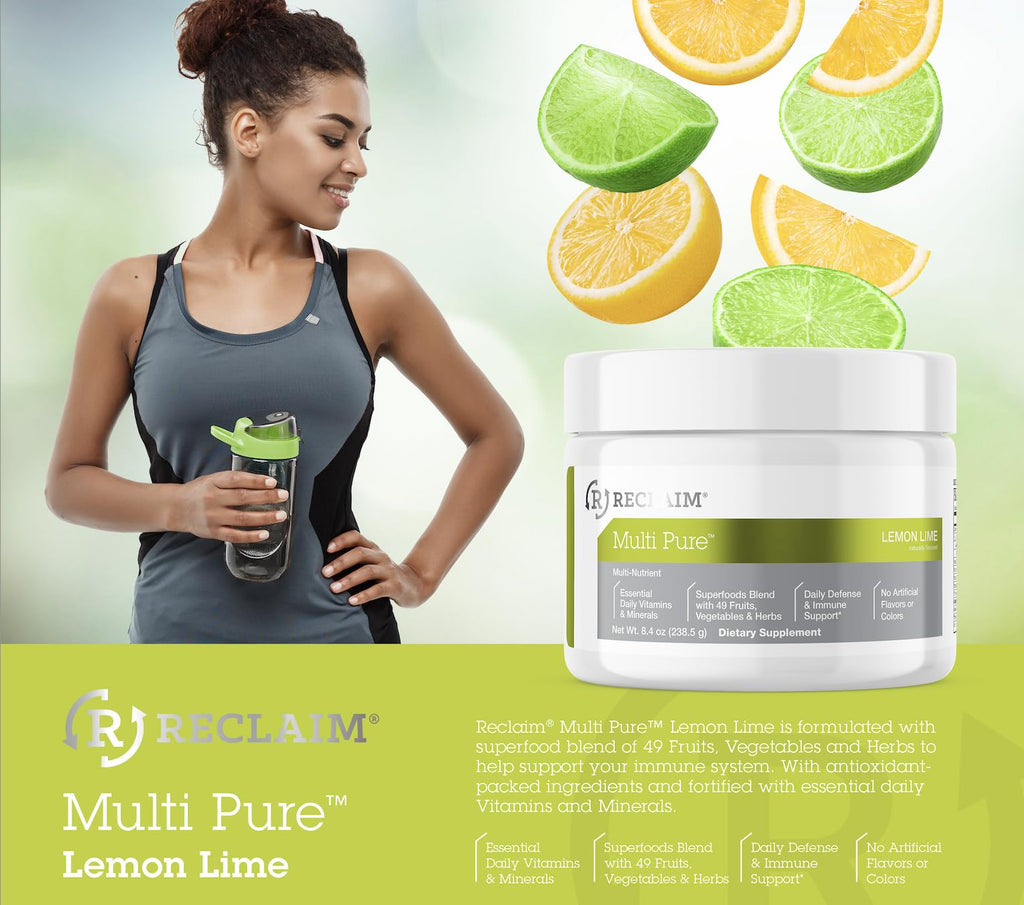 Reclaim Multi Pure Lemon Lime, Immune Support, Vitamin C, Vitamin B Complex, Probiotic, Superfood Powder, Calcium, Magnesium Oxide, (30 Servings) (Lemon Lime) - TrustMedUSA