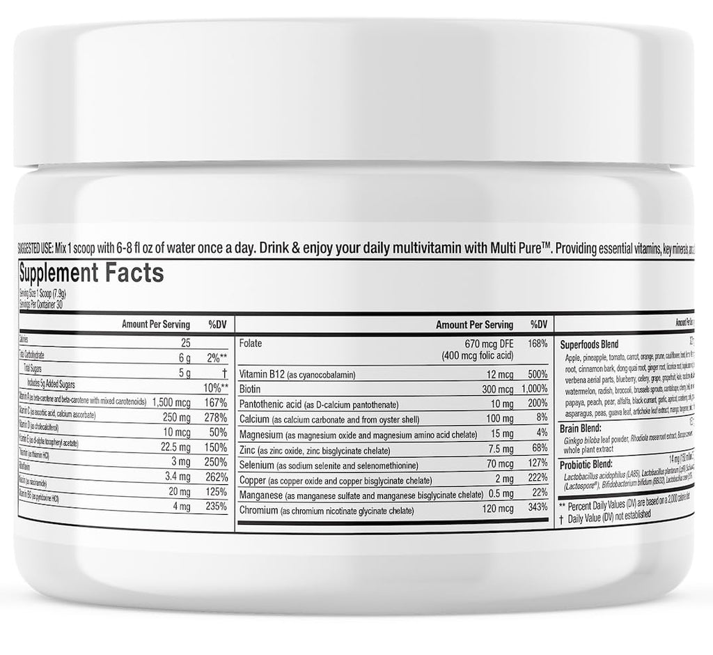 Reclaim Multi Pure Lemon Lime, Immune Support, Vitamin C, Vitamin B Complex, Probiotic, Superfood Powder, Calcium, Magnesium Oxide, (30 Servings) (Lemon Lime) - TrustMedUSA