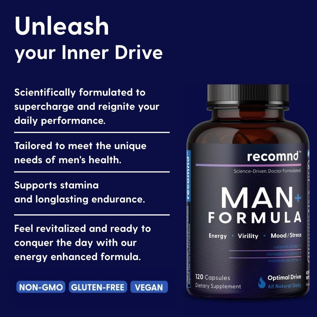 recomnd Nutrition - Man+ Formula, Energy Support, Muscle Support, and Prostate Health Supplements for Men with Vitamin E, Saw Palmetto, Red Korean Ginseng, and More, 120 Capsules - TrustMedUSA
