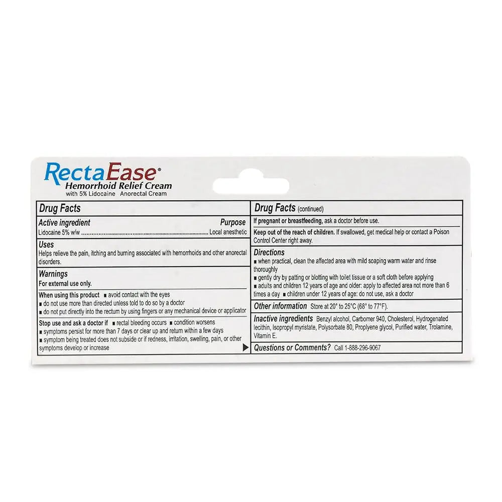 RectaEase 5% Lidocaine Hemorrhoid Topical Relief Cream, Rapid Numbing for Itching & Burning, Extra Strength Anorectal Treatment for Sensitive Areas, Advanced Formula for Fast Soothing Care, 1 oz Tube - TrustMedUSA