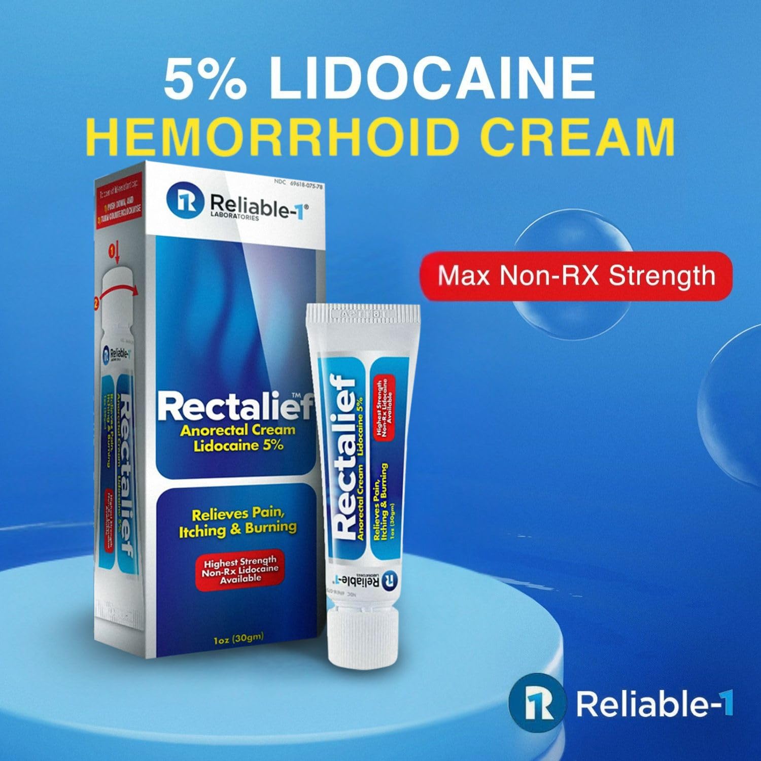 Rectalief 5% Lidocaine Hemorrhoid Cream (Max Non-RX Strength) Reliable-1 Laboratories Soothing Anorectal, Numbing Hemorrhoidal Ointment - Pain, Itching, & Burning, Strongest OTC Anal Treatment, 2-Pack - TrustMedUSA