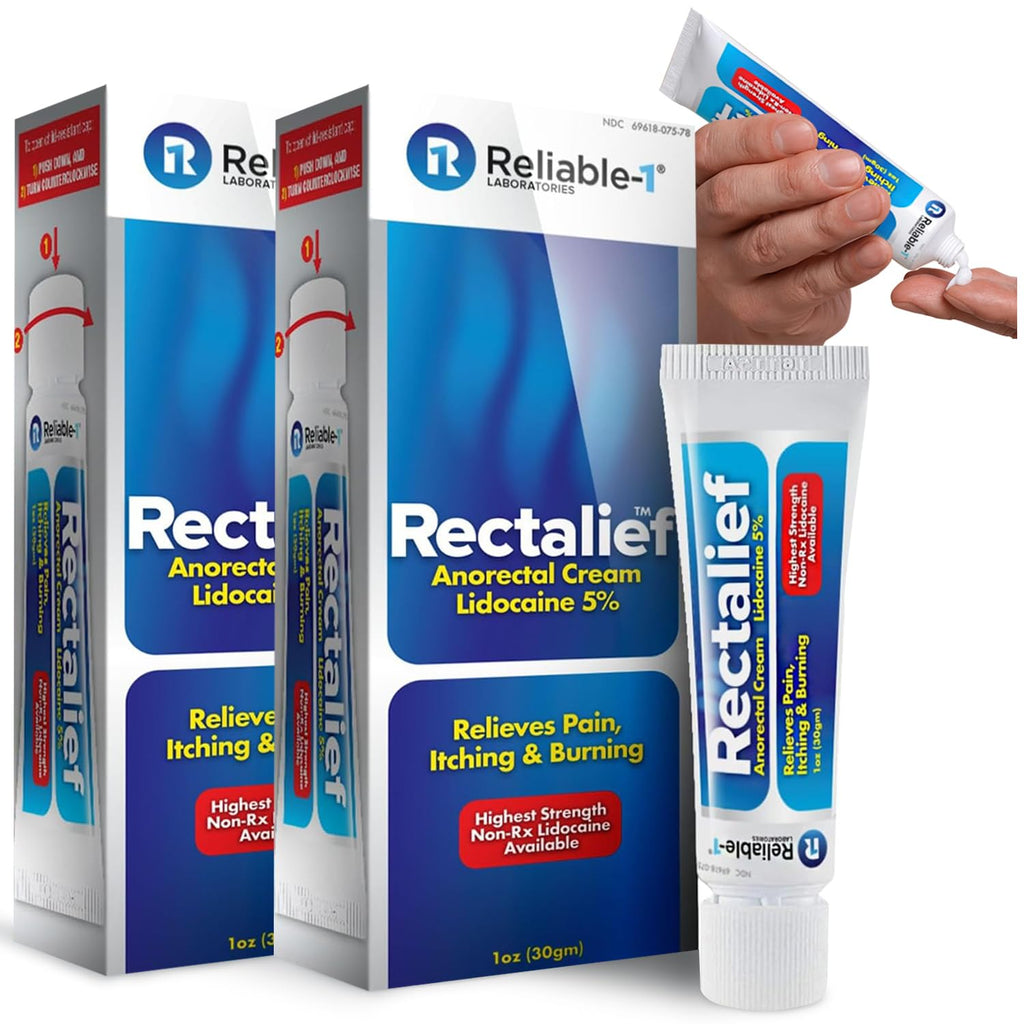 Rectalief 5% Lidocaine Hemorrhoid Cream (Max Non-RX Strength) Reliable-1 Laboratories Soothing Anorectal, Numbing Hemorrhoidal Ointment - Pain, Itching, & Burning, Strongest OTC Anal Treatment, 2-Pack - TrustMedUSA