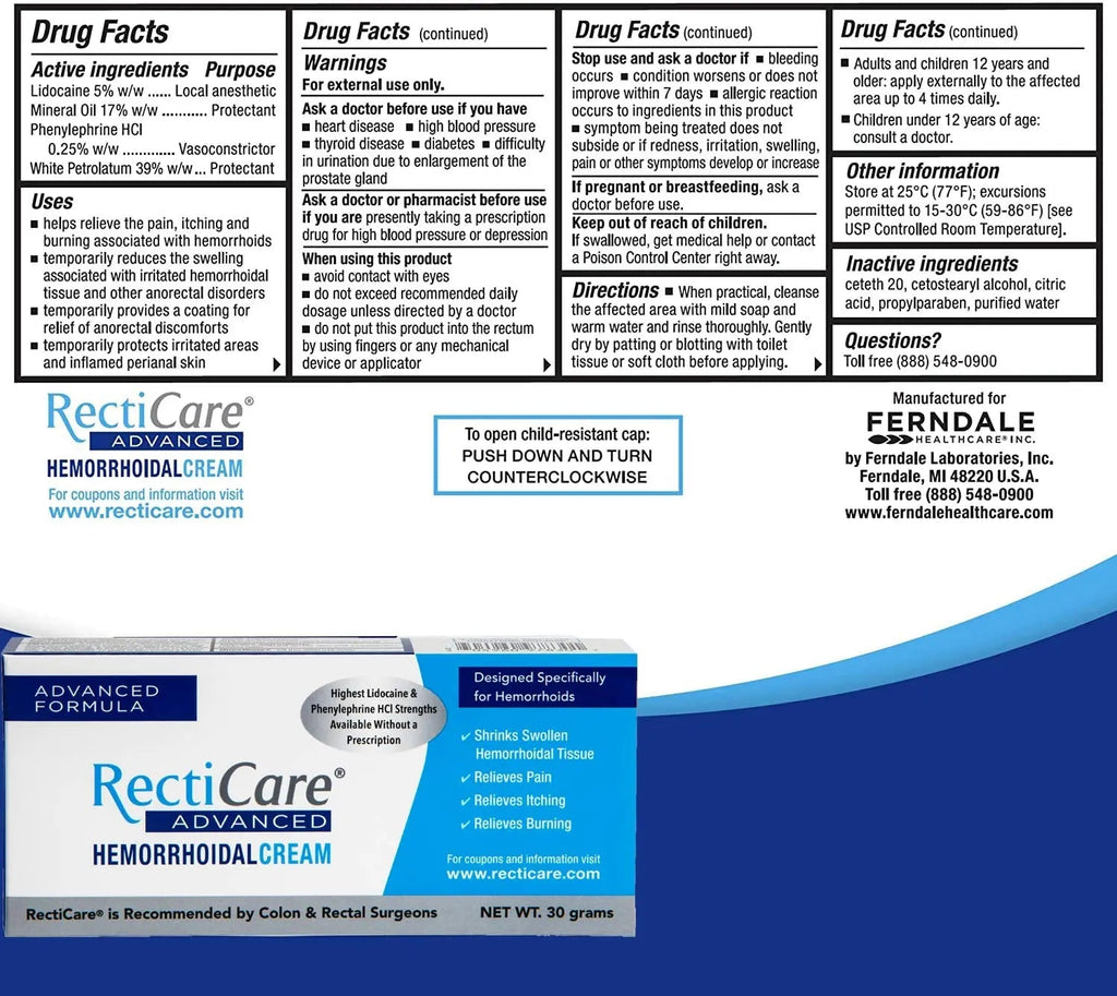 Recticare Advanced Hemorrhoidal Cream: Advanced Treatment to Shrink & Soothe Hemorrhoids - Itch, Pain, Burn Relief - 30g Hemorrhoidal Cream with Lidocaine - TrustMedUSA