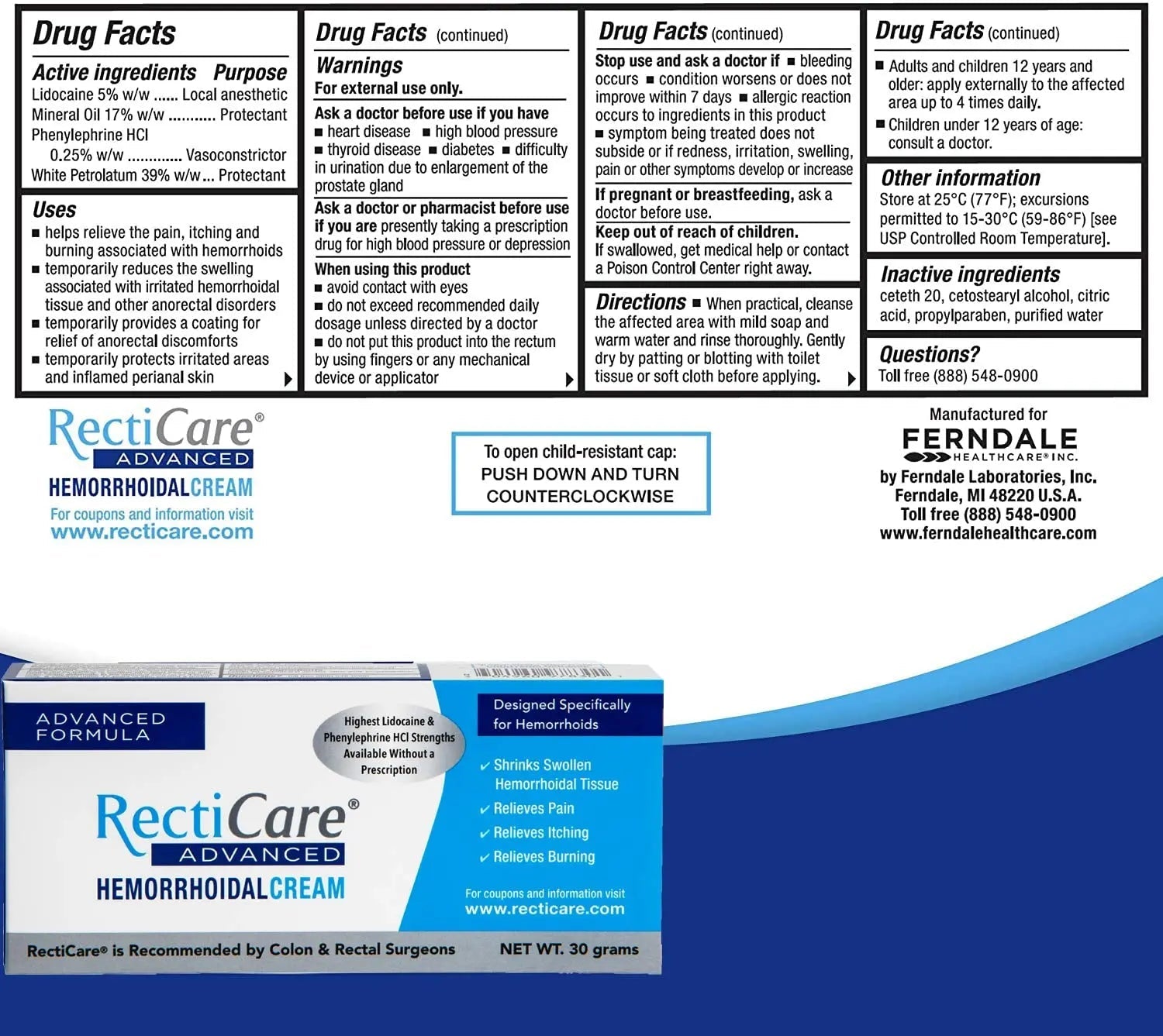 Recticare Advanced Hemorrhoidal Cream: Advanced Treatment to Shrink & Soothe Hemorrhoids - Itch, Pain, Burn Relief - 30g Hemorrhoidal Cream with Lidocaine - TrustMedUSA