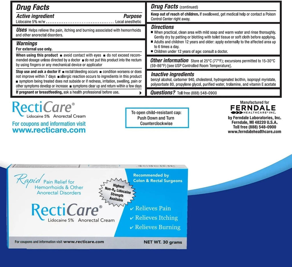 Recticare Anorectal Lidocaine 5% Cream: Topical Numbing Cream for Treatment of Hemorrhoids & Other Anorectal Disorders - 30g Tube - TrustMedUSA