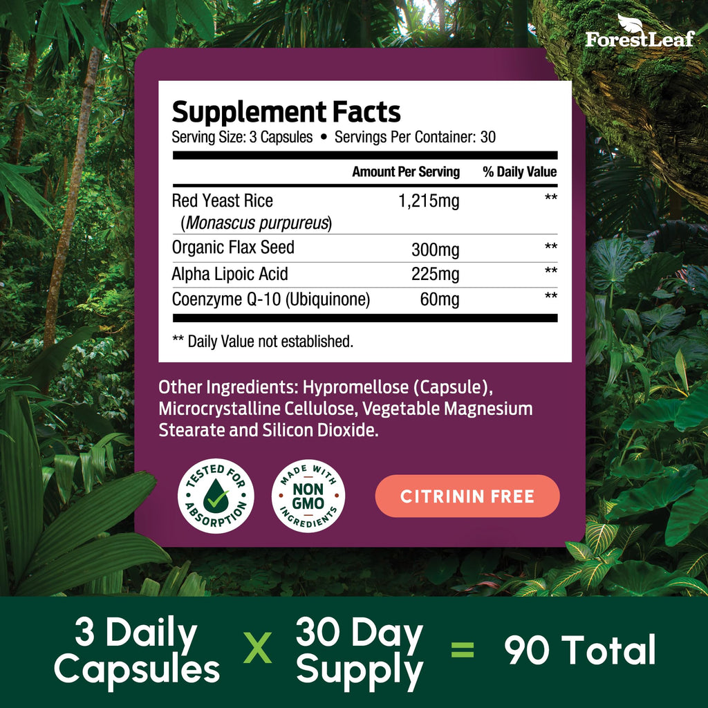 Red Yeast Rice 1215 mg. Capsules - Extra Strength Red Rice Yeast with CoQ10 Supplement, Plus Alpha Lipoic Acid & Organic Flaxseed, Citrinin Free, - TrustMedUSA