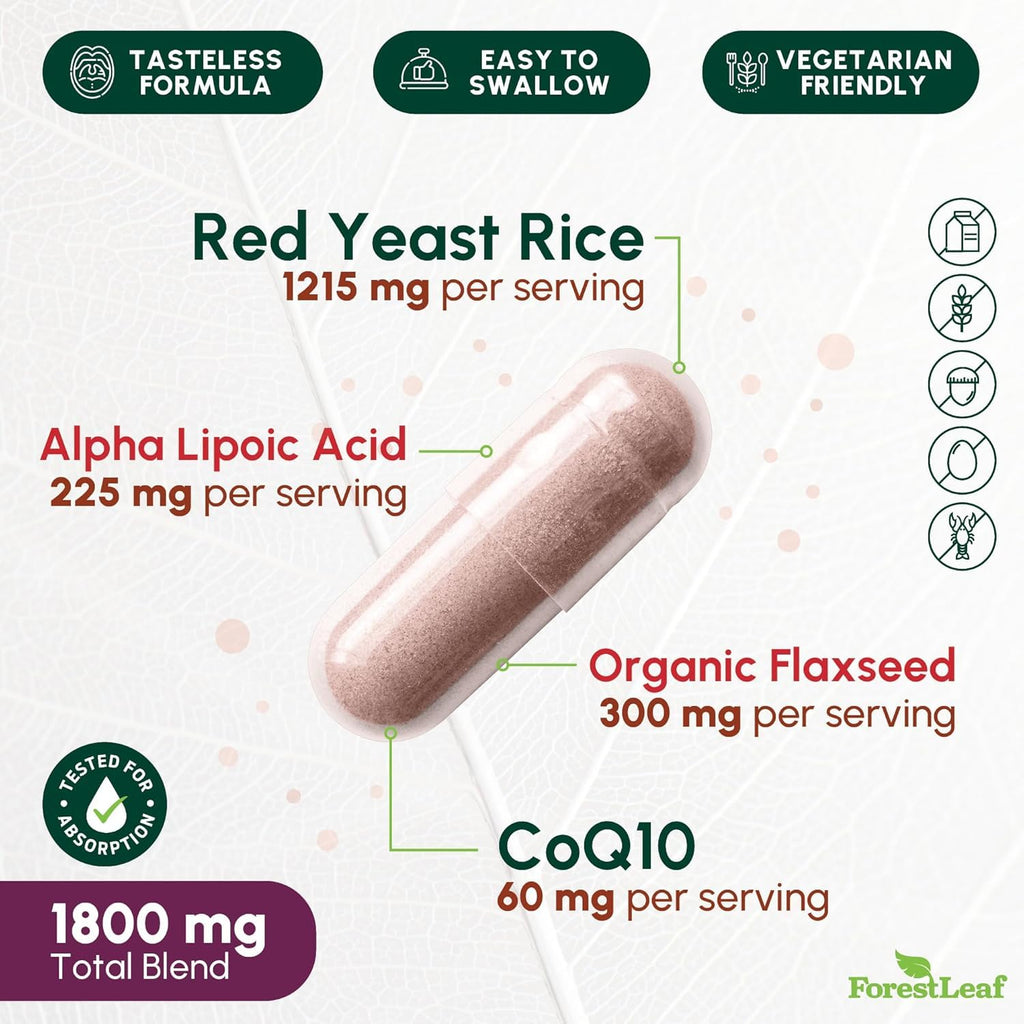 Red Yeast Rice 1215 mg. Capsules - Extra Strength Red Rice Yeast with CoQ10 Supplement, Plus Alpha Lipoic Acid & Organic Flaxseed, Citrinin Free, - TrustMedUSA