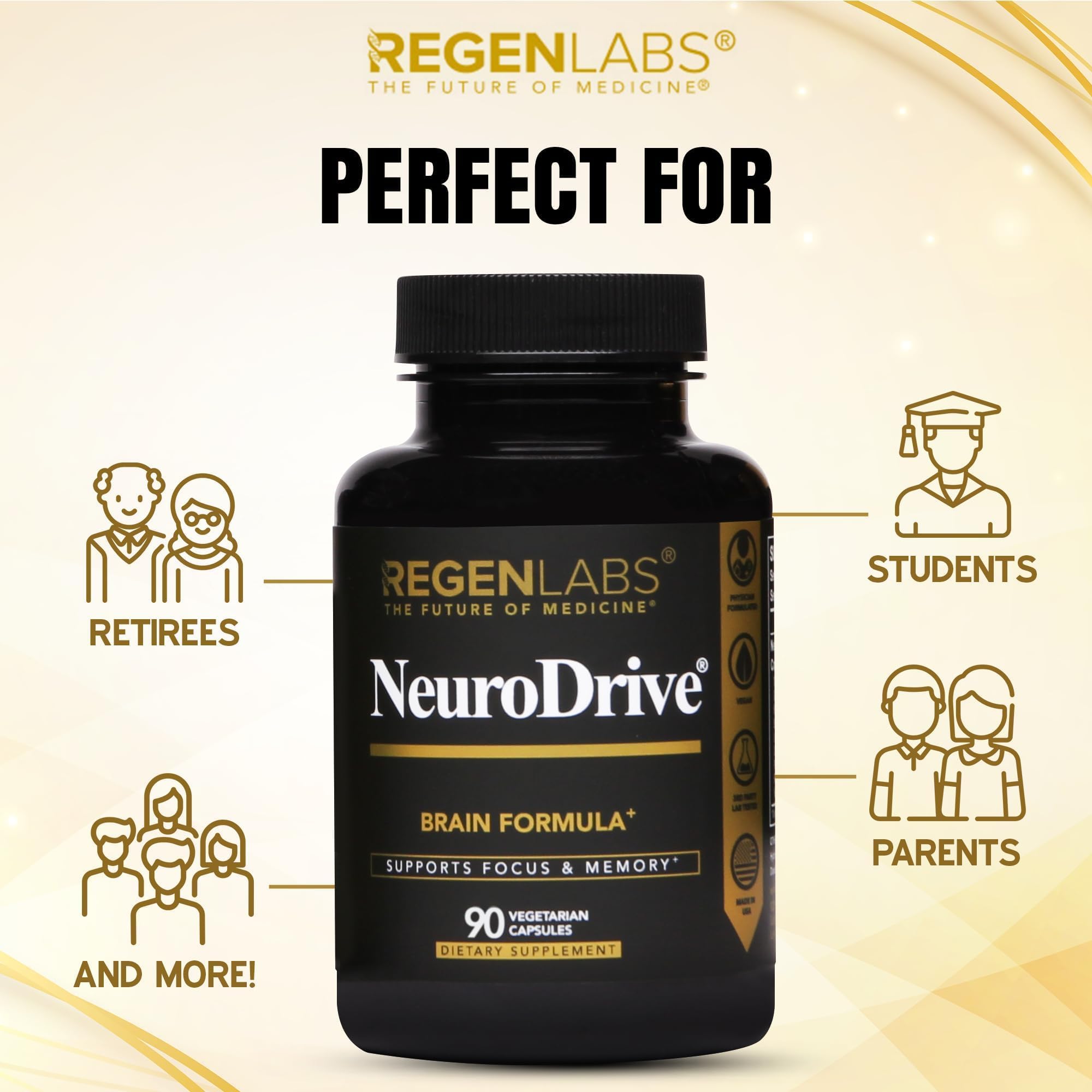 Regen Labs NeuroDrive Memory & Focus Supplement - Boost Brain Focus, Mental Health & Brain Fog | Natural Doctor Approved - Brain Nootropic, Phosphatidylserine, Centrophenoxine, Bacopa - 90 Capsules - TrustMedUSA
