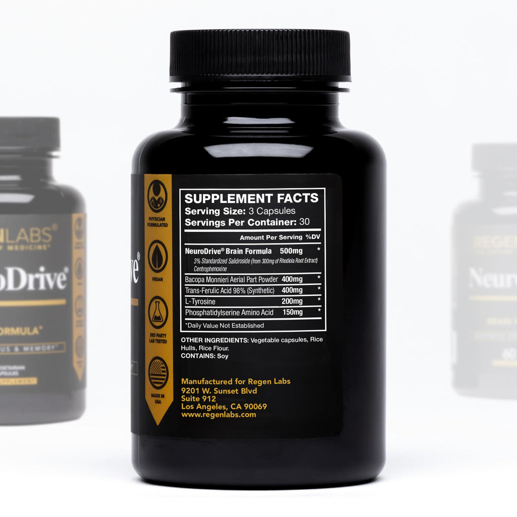 Regen Labs NeuroDrive Memory & Focus Supplement - Boost Brain Focus, Mental Health & Brain Fog | Natural Doctor Approved - Brain Nootropic, Phosphatidylserine, Centrophenoxine, Bacopa - 90 Capsules - TrustMedUSA